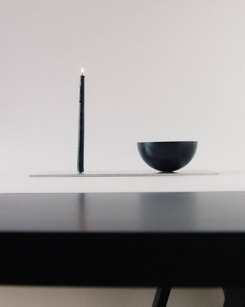 The Ember Tray - Metal bowl & Candle holder — close-up of black candle holder and bowl