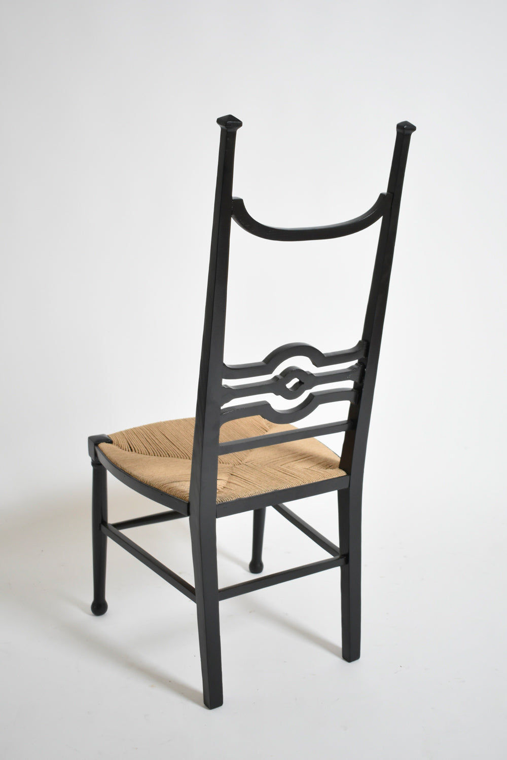 Arts & Crafts Ebonised Wood Chair, 1900s — side angle showing woven seat and backrest