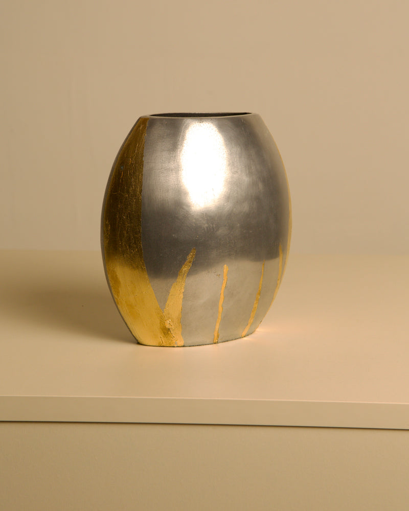 Italian Vase in Cast Aluminum with Gilding from the 80s by Treaptyque | The Oblist — metallic silver and gold finish
