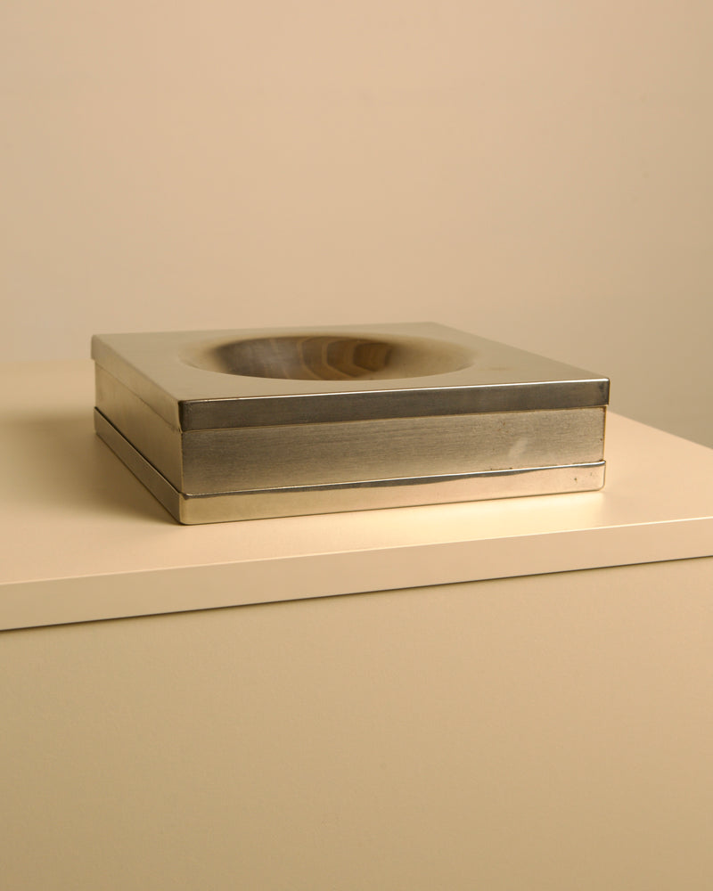Italian 70s brushed metal square ashtray with circular bowl detail