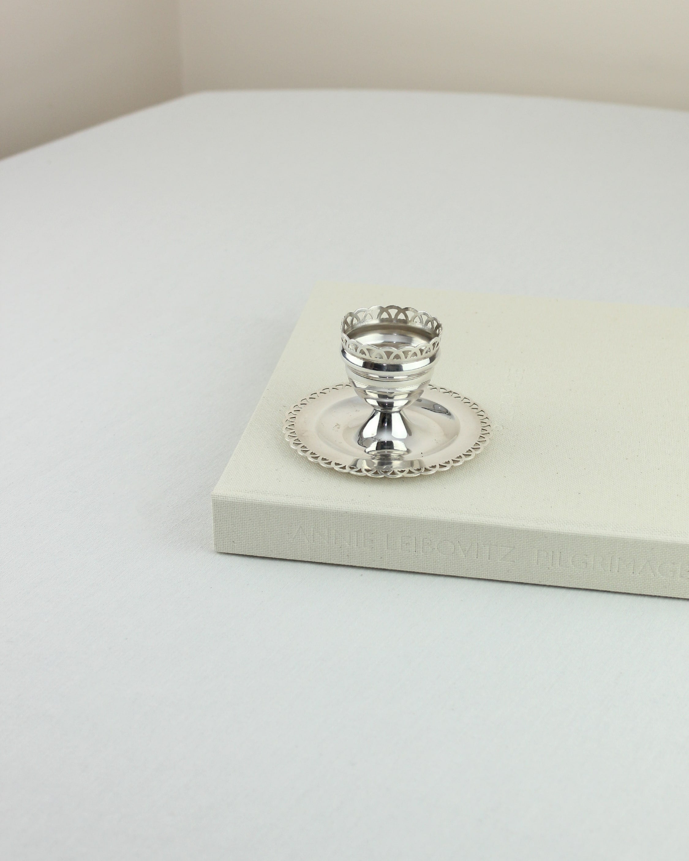 Alpaca Egg Cup — close-up on silver finish with decorative rim