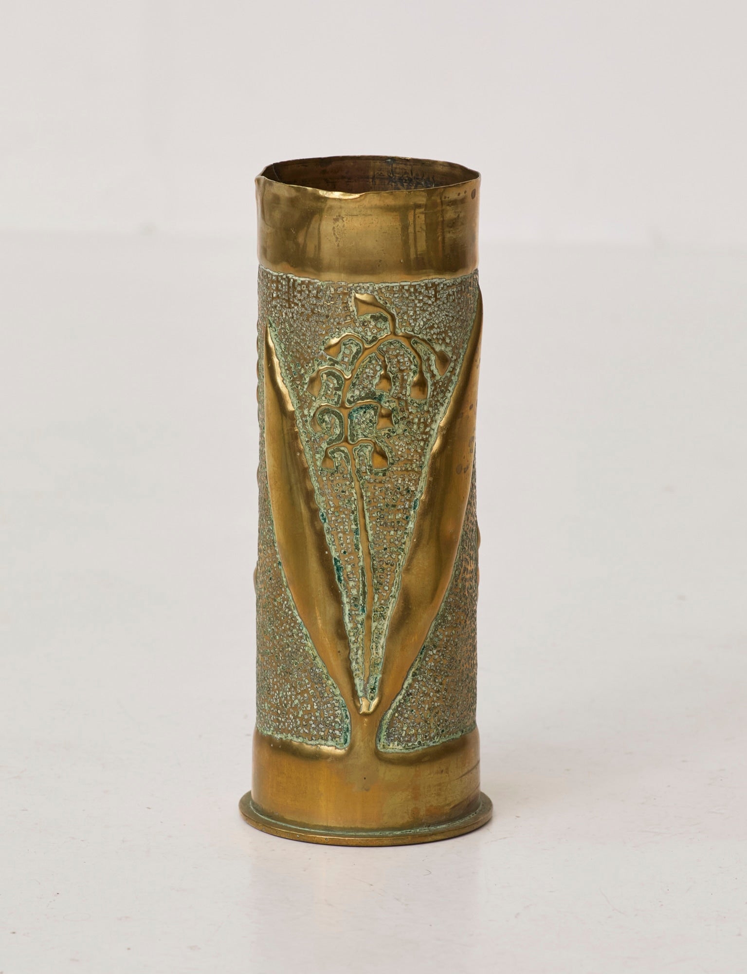 Vintage Vase in Metal Brass (hand-repoussé Daisy and Lily of the valley motifs) — lifestyle setting