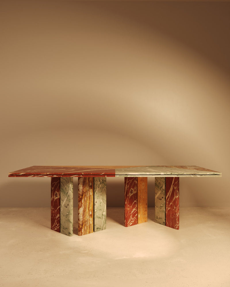 Multicolored marble dining table with geometric block pedestals