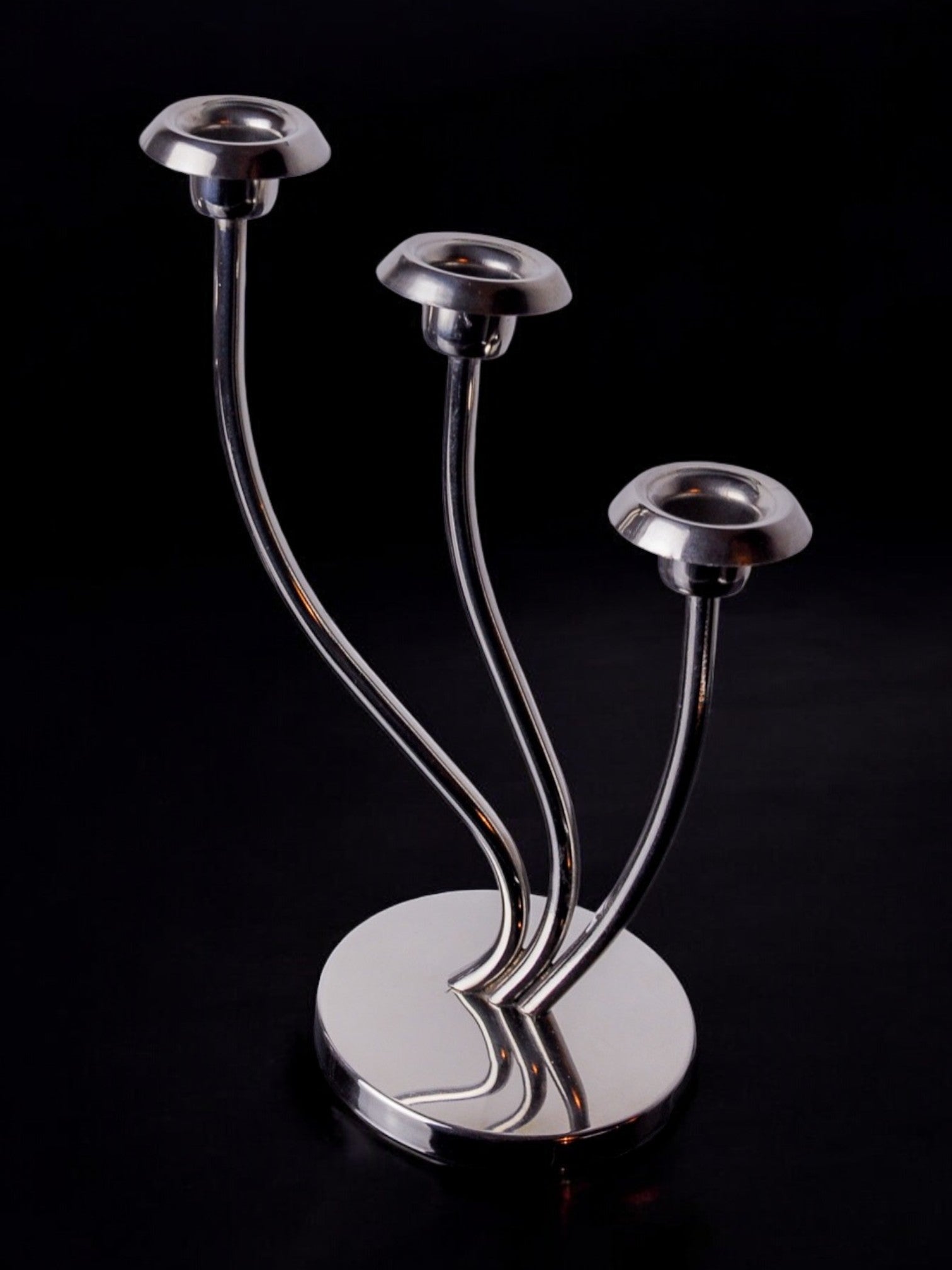 Art deco candlestick in stainless steel 3 flames, Spain, 1970 — side angle