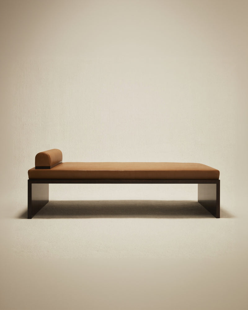 'Continuous' Daybed Handcrafted in Wood Veneer & Leather Upholstery — detail view