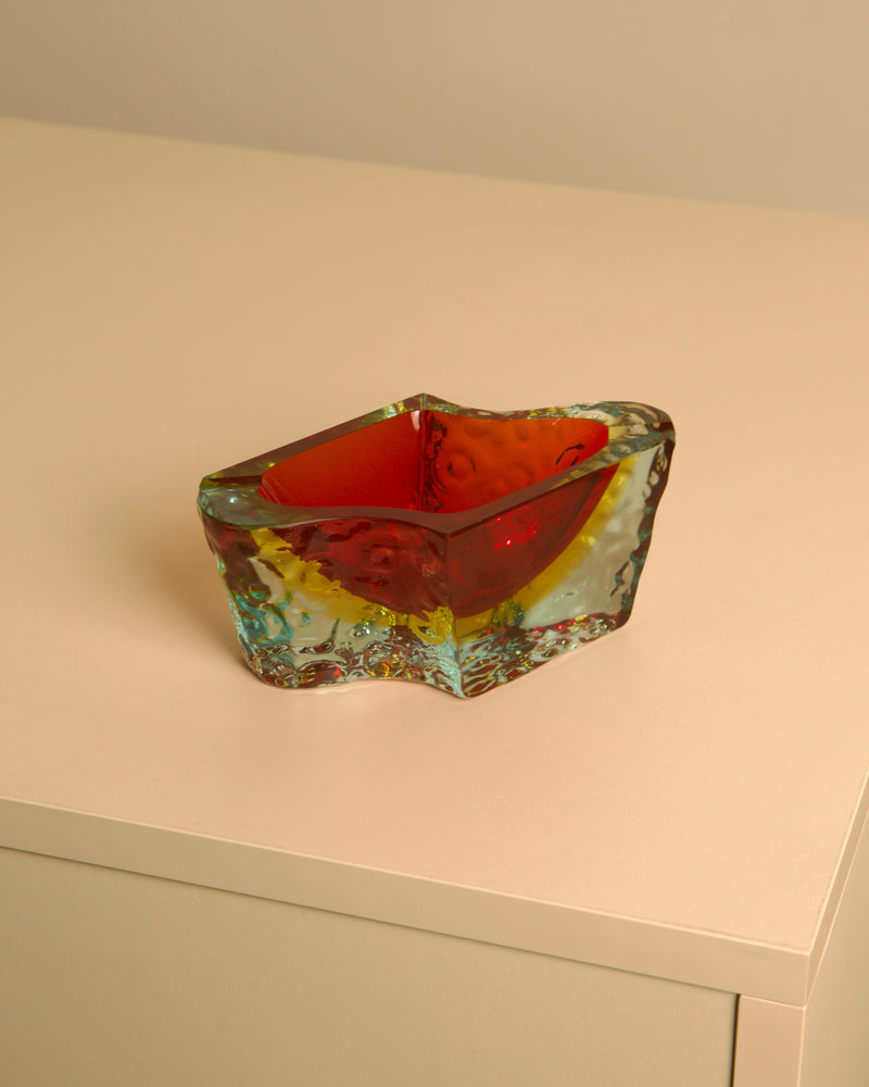 Wave" ashtray in Red Murano Glass by Flavio Poli for Seguso, 1960s — close-up showing textured glass surface