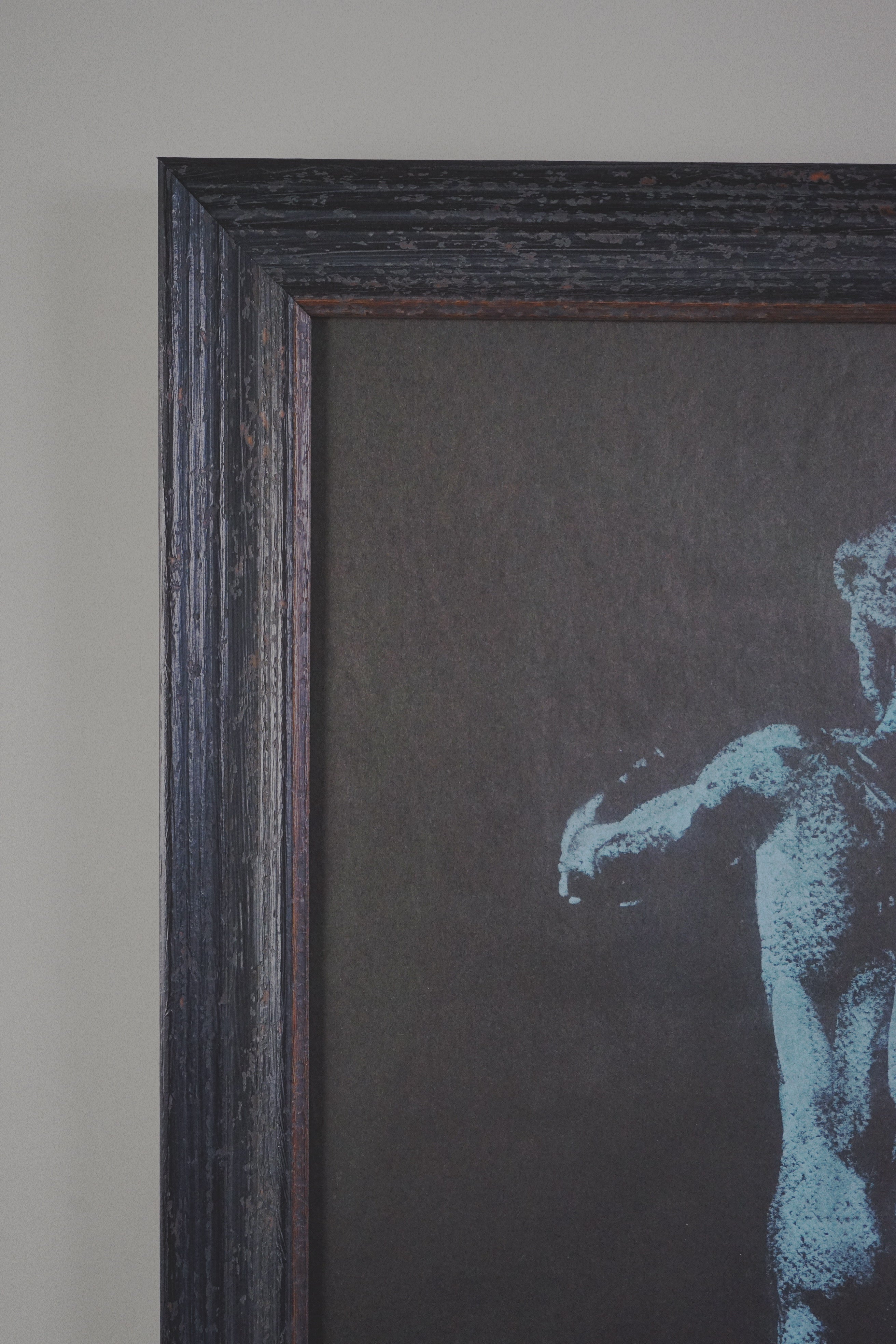 Italian Chalk Drawing — Male Figure 1981 — side angle of framed artwork