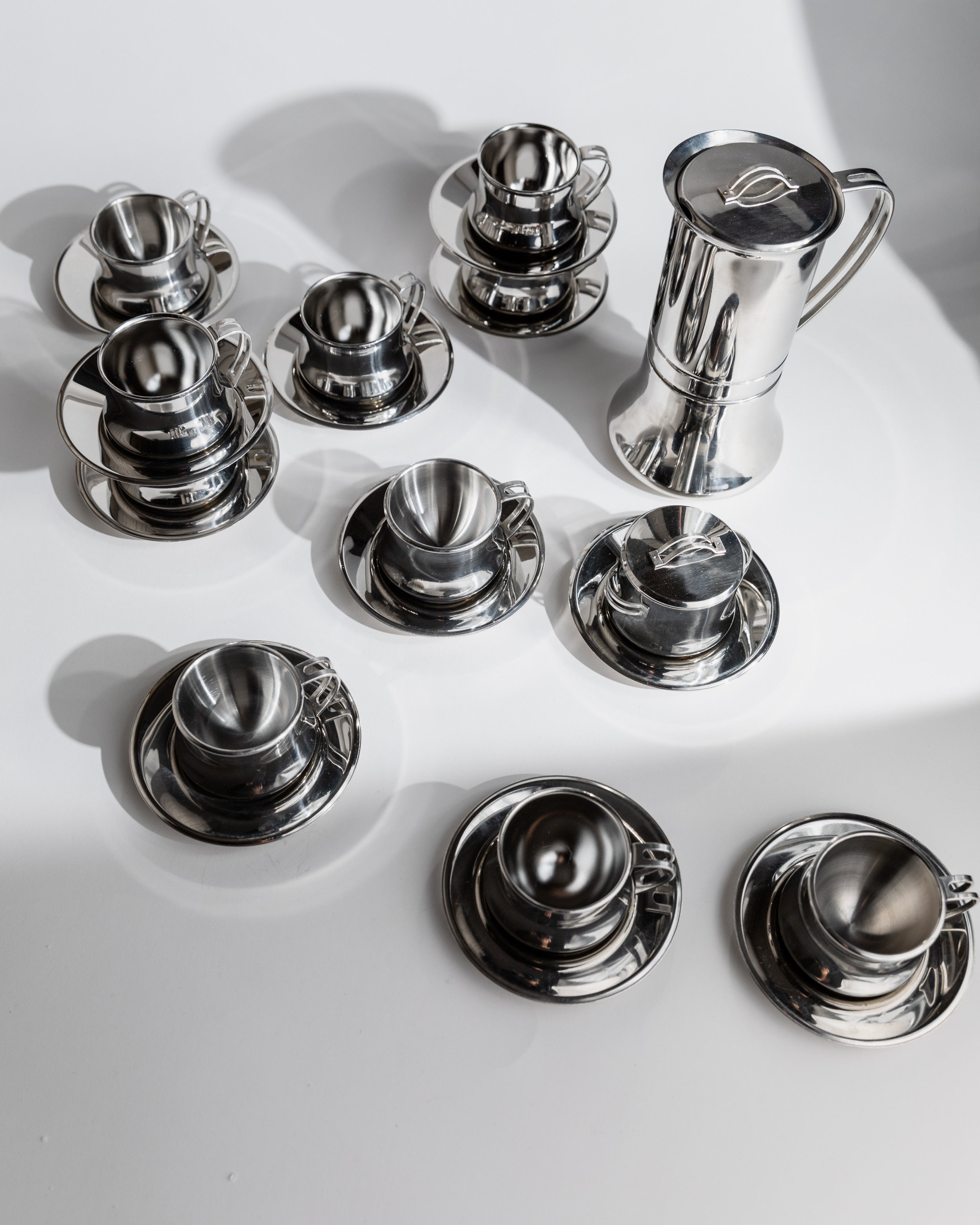 Polished stainless steel coffee set with cups and pot from 1980s