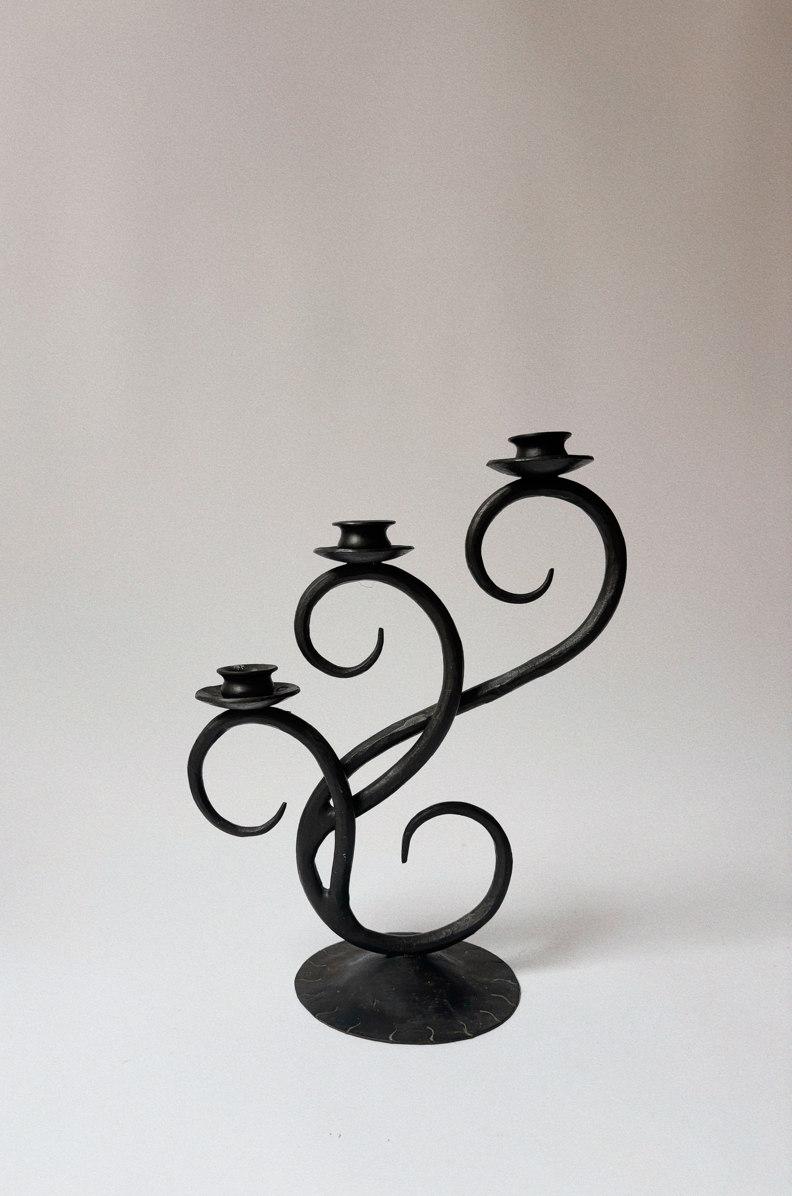 Wrought Iron 3 Arm Swirl Candelabra by Huerto | The Oblist — handcrafted black metal design