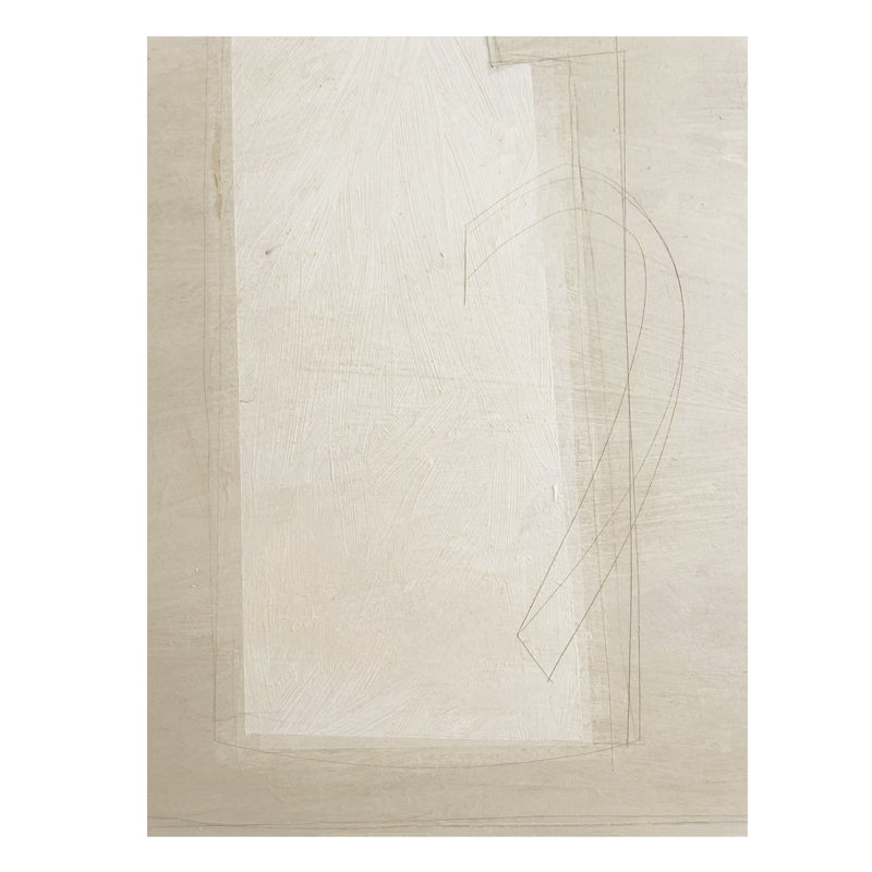 The White Table Painting by Lara Voce showcases abstract art on a beige background, with faint overlapping geometric shapes and thin curved lines. Modernist influences appear through soft shading and subtle texture in this minimal composition.