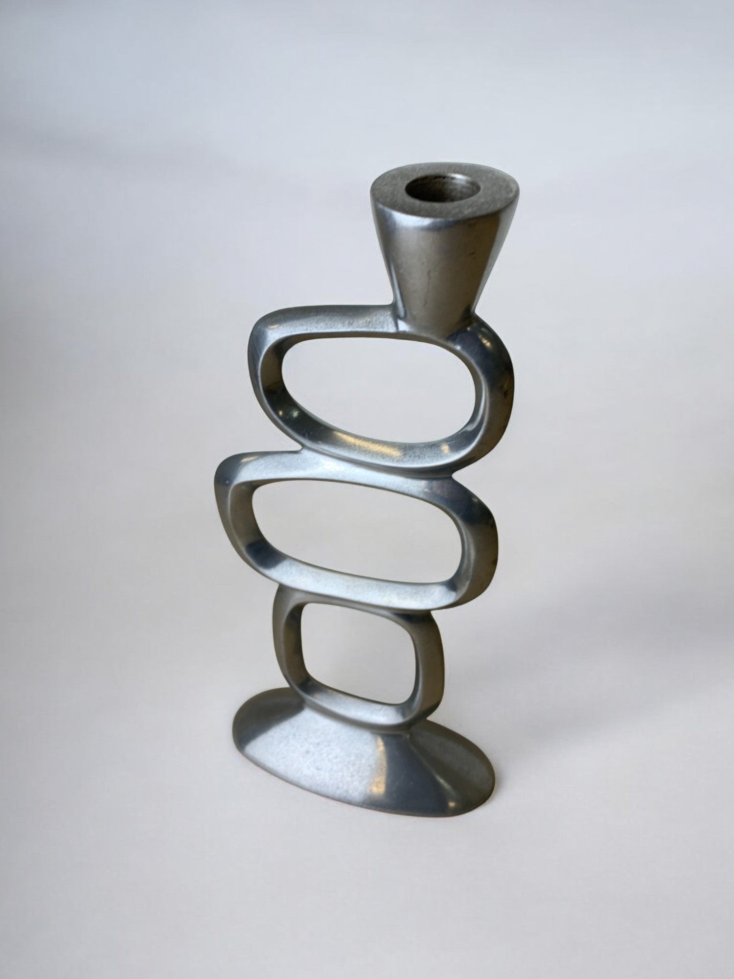 Circle Candleholder by Matthew Hilton, 1980's — side view of brushed metal finish