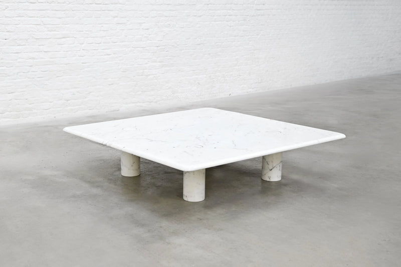 Angelo Mangiarotti Carrara Marble Coffee Table, Italy 1970's — angled view highlighting white marble surface and cylindrical