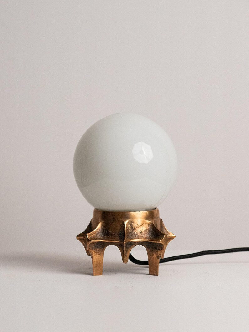 Brutalist Table Lamp, Tripod Cast Metal Base, Opaline Glass Globe Shade, 1970s — close-up