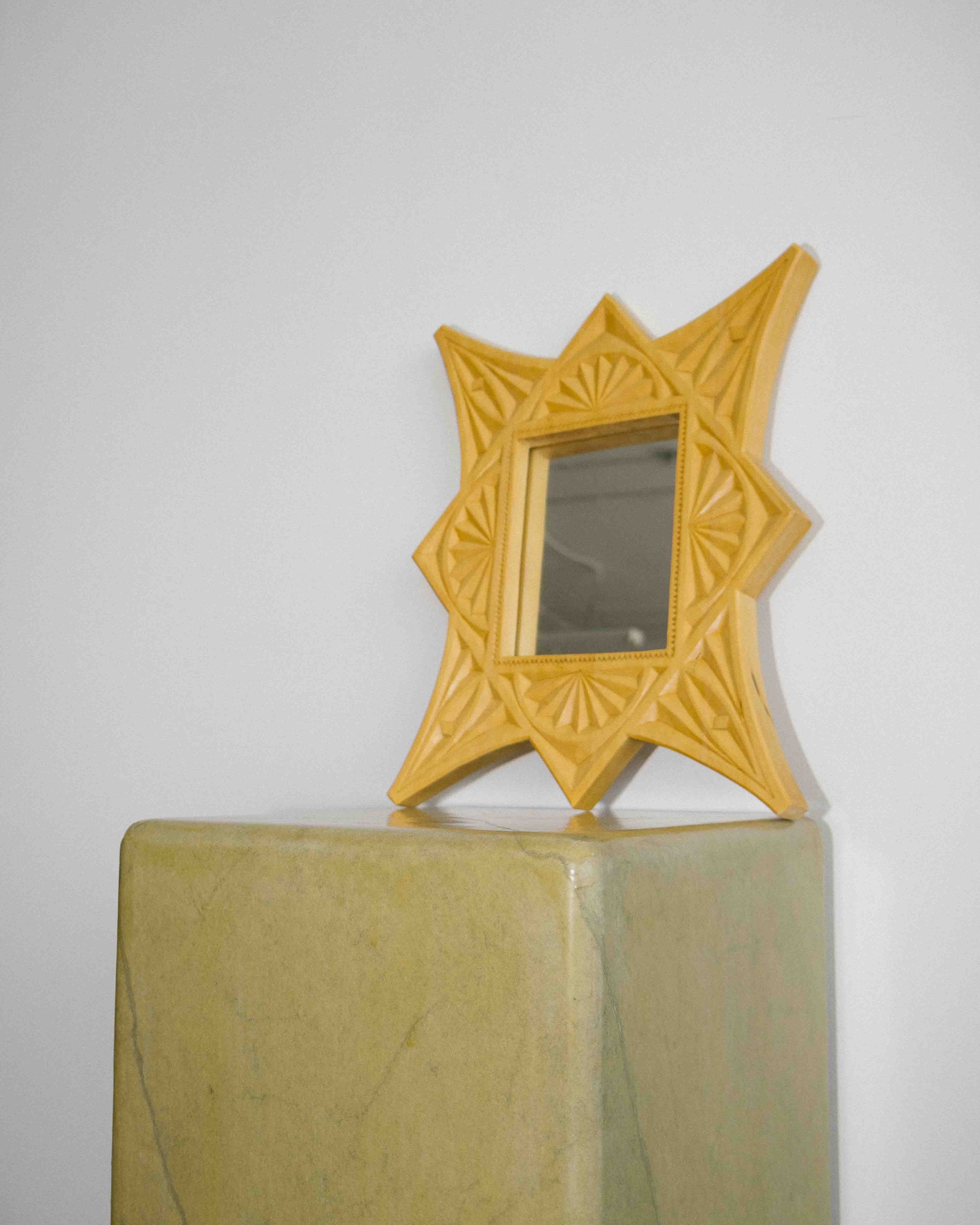 Hand-Carved Geometric Wood Mirror — detail view