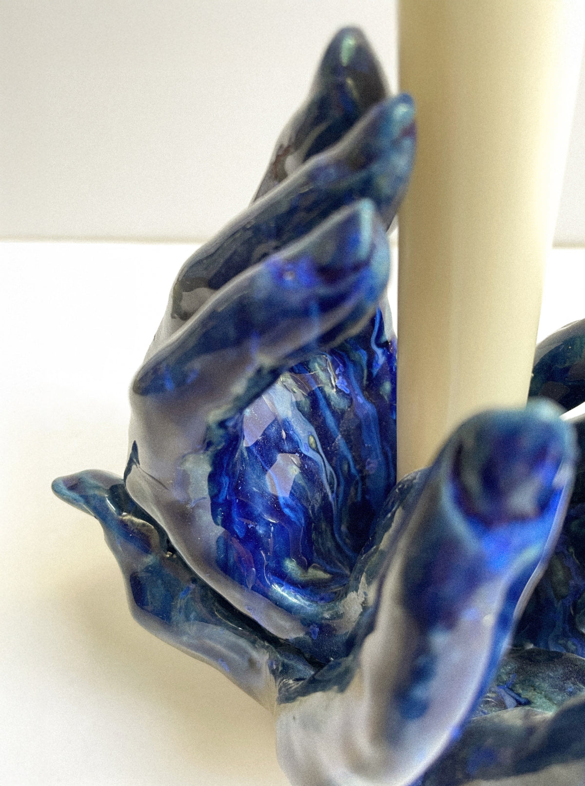 Blue candle holder in ceramic n°70 — side angle