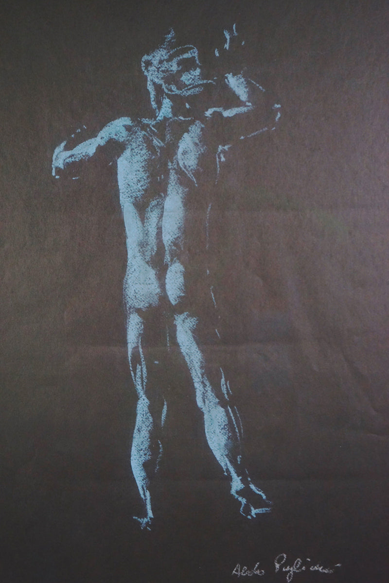 Italian Chalk Drawing — Male Figure 1981 — close-up of blue chalk on dark paper
