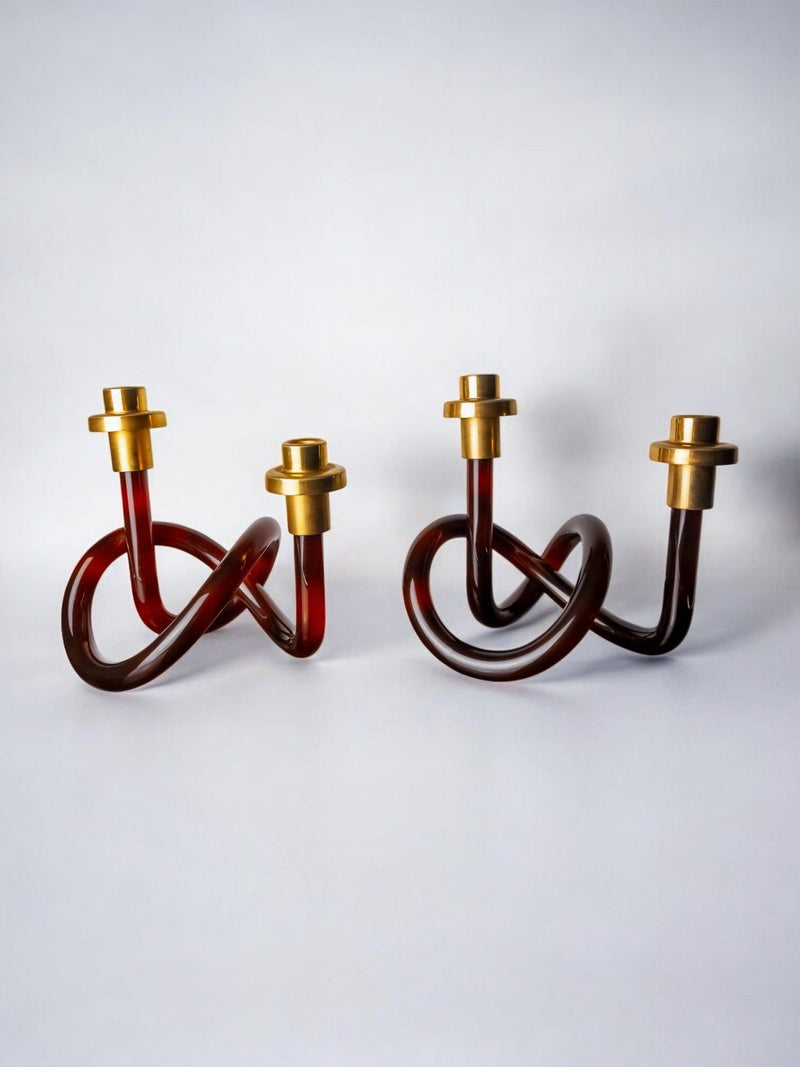 Pair of Candleholders by Dorothy Thorpe, 1970s by Malamar Studio | The Oblist — amber glass and brass