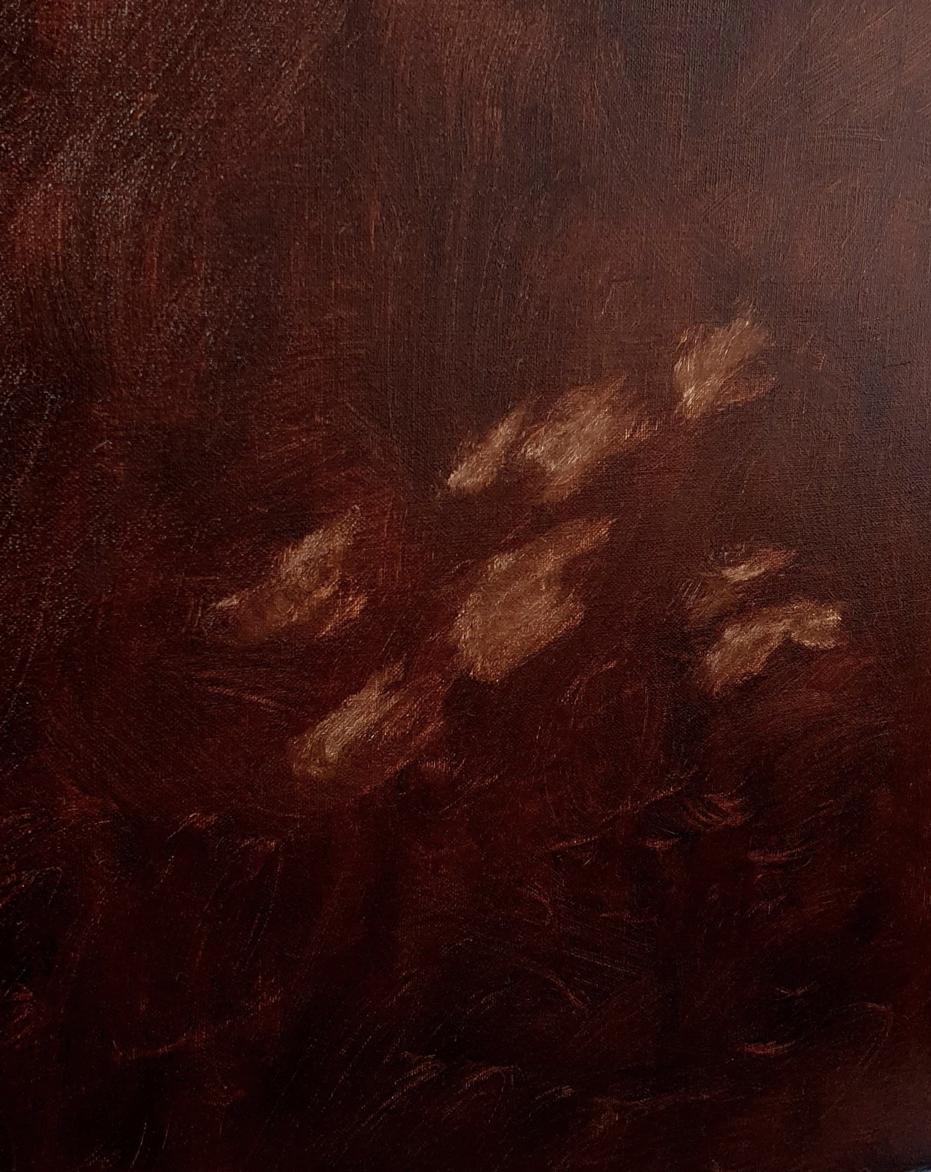 ‘Jane Eyre II’ by Yeliza Gevorgyan features a dark reddish-brown textured surface with lighter, irregular patches reminiscent of brushstrokes, creating an evocative abstract oil painting on linen canvas.