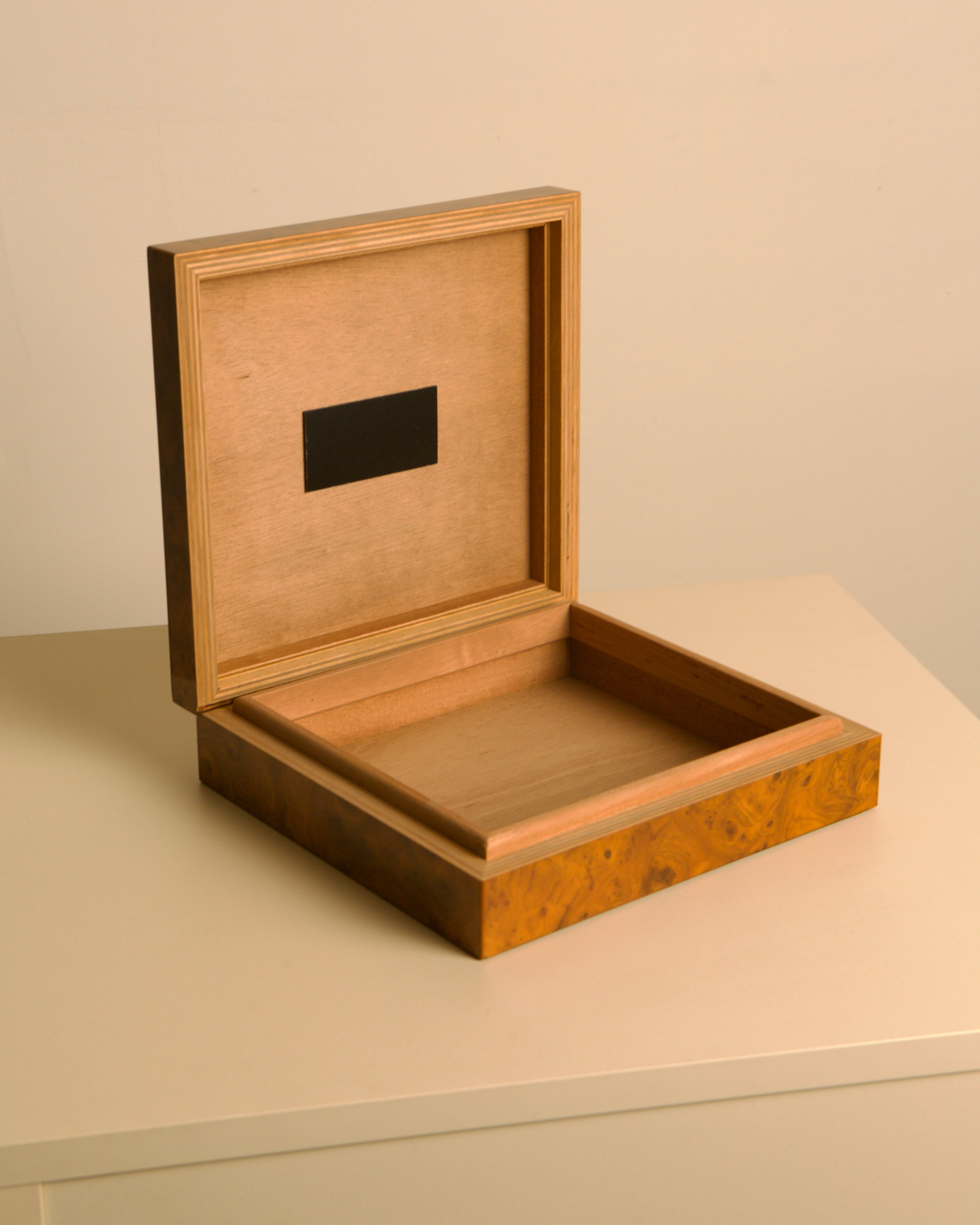 Large Italian Light Brown Elm Wood Box 60s — open view showing interior space