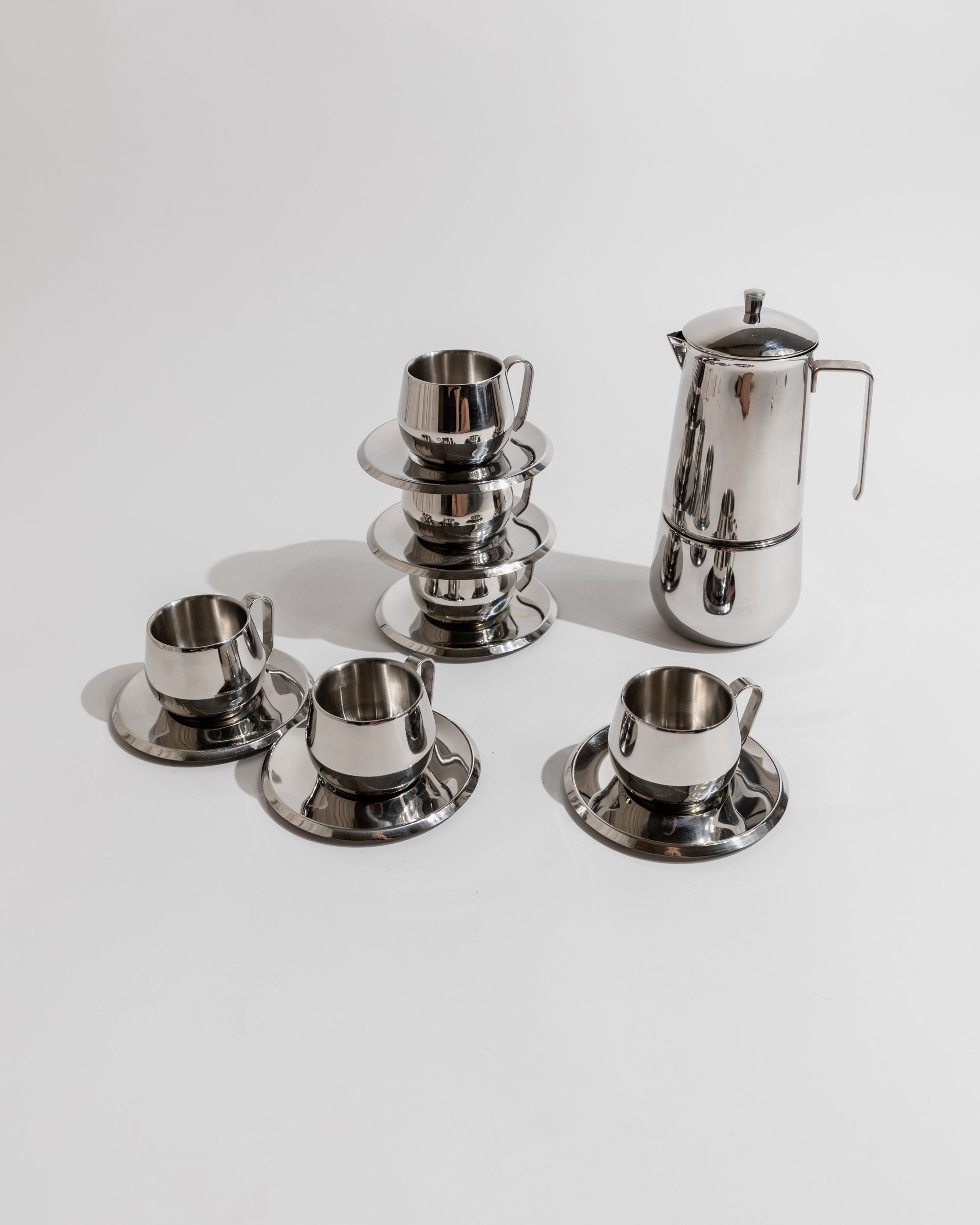 Elegant Vintage Coffee Set, 13 Pieces, Stainless Steel, Design by Gnutti Italy 1980s, Gift — top view of coffee set with cups