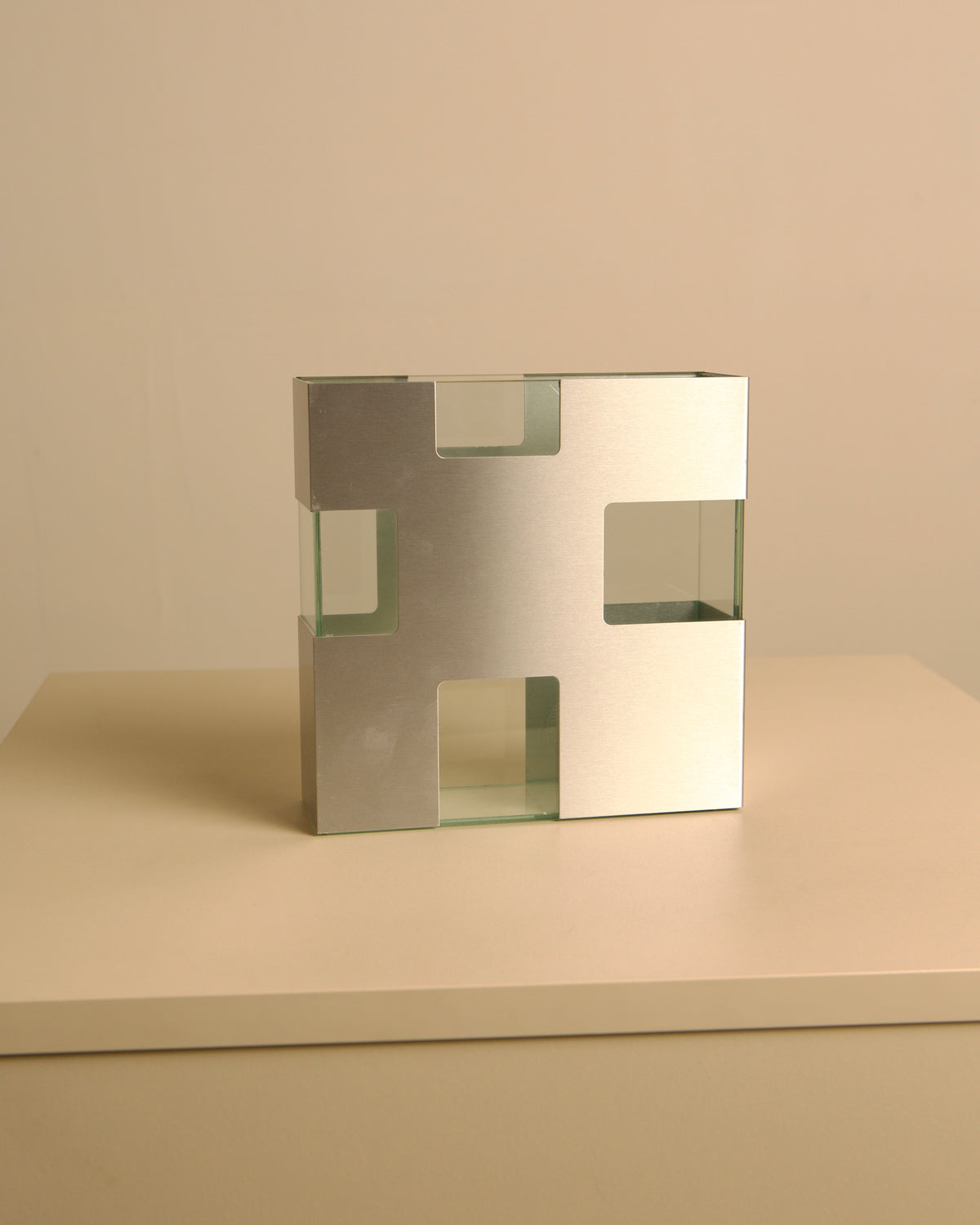 Italian brushed metal and glass vase, 1980s by Treaptyque | The Oblist