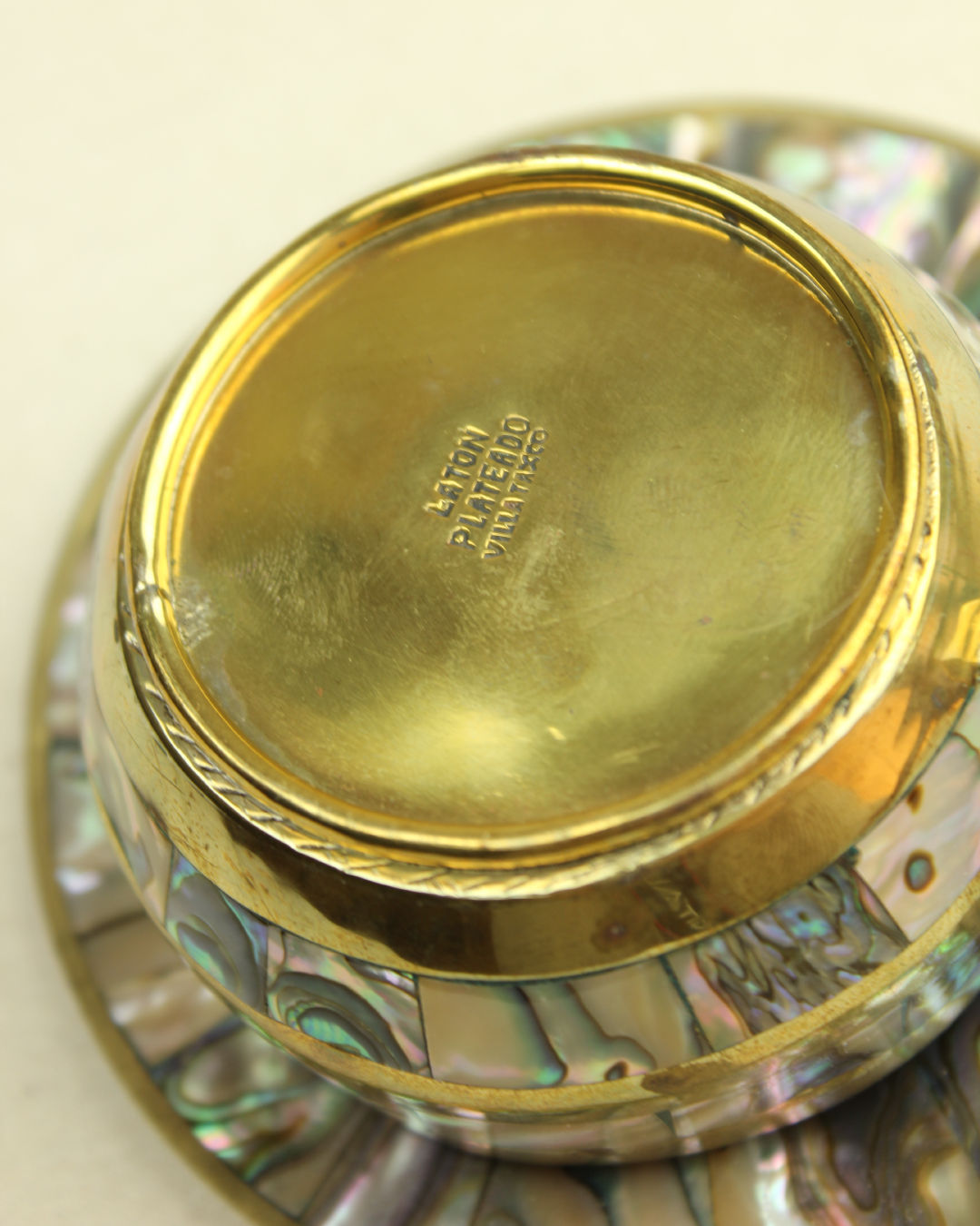 Abalone Mexican Cup — bottom view showing iridescent shell detail