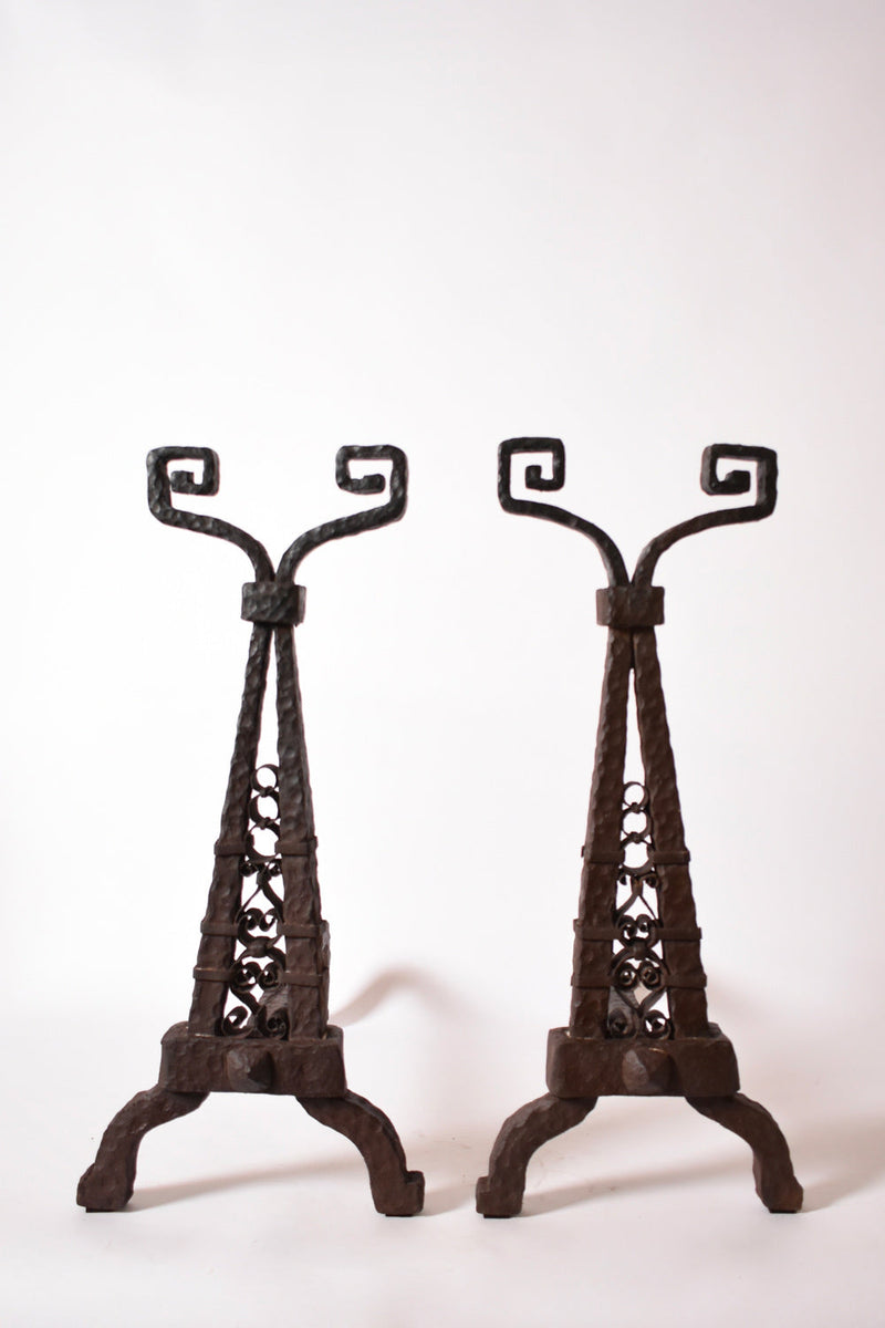 Pair of Directoire Period Andirons, XIXth c. — close-up of wrought iron design