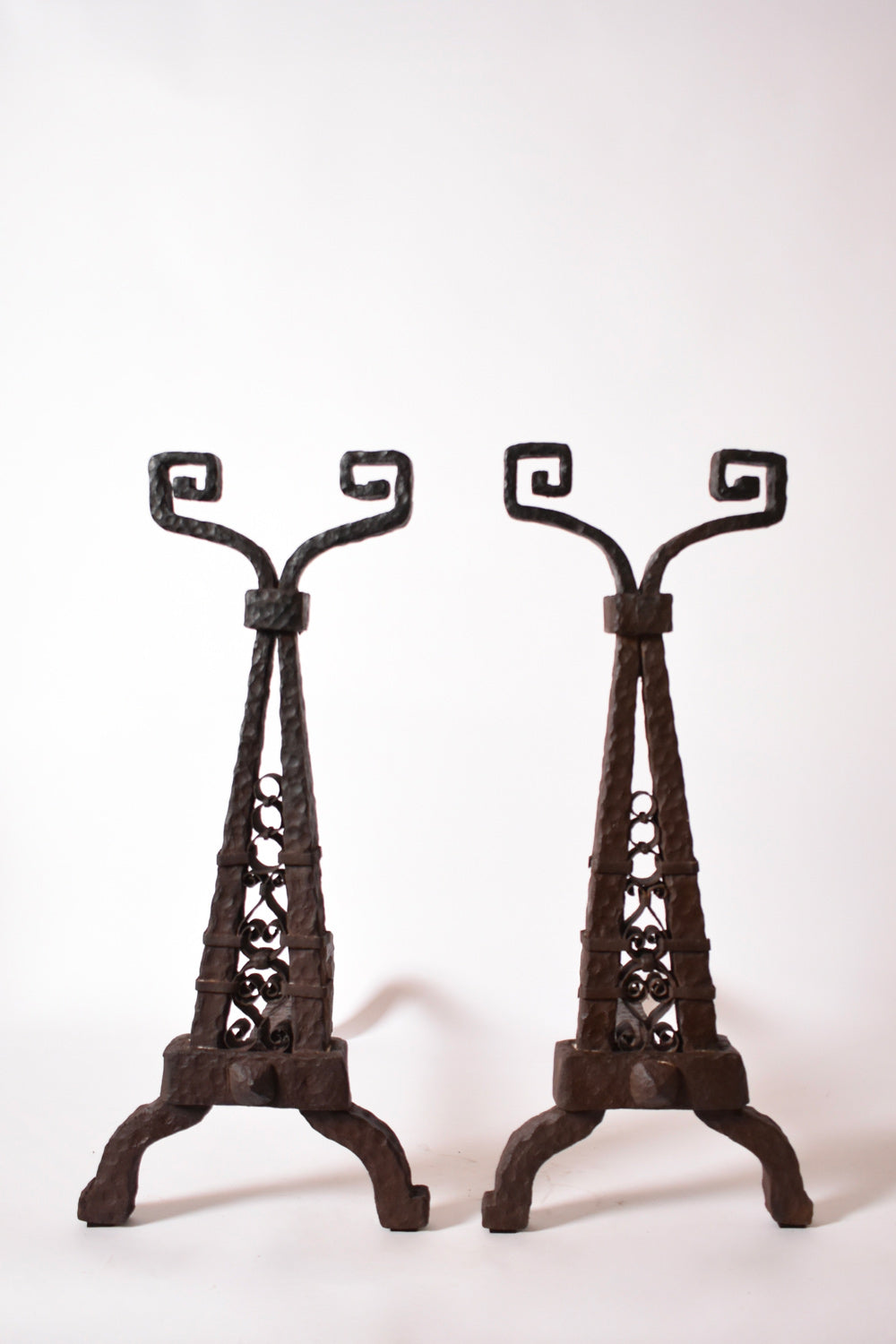 Pair of Directoire Period Andirons, XIXth c. — close-up of wrought iron design