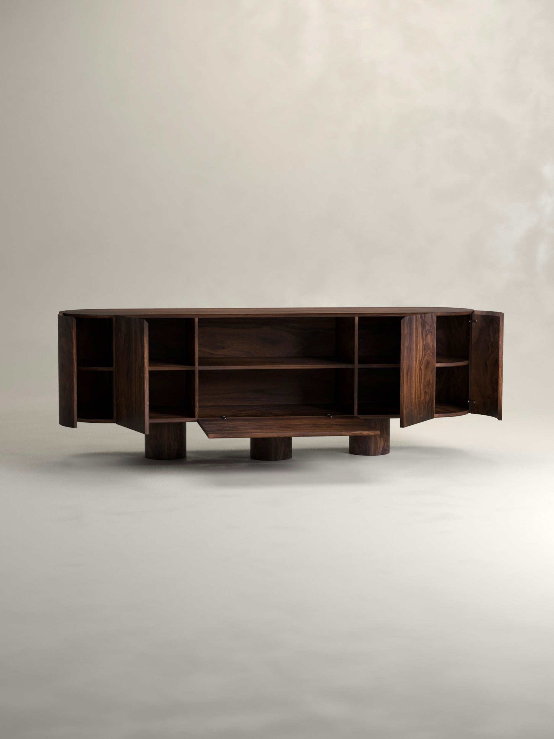 Totem' Sideboard — angled view showing dark wood finish and open storage