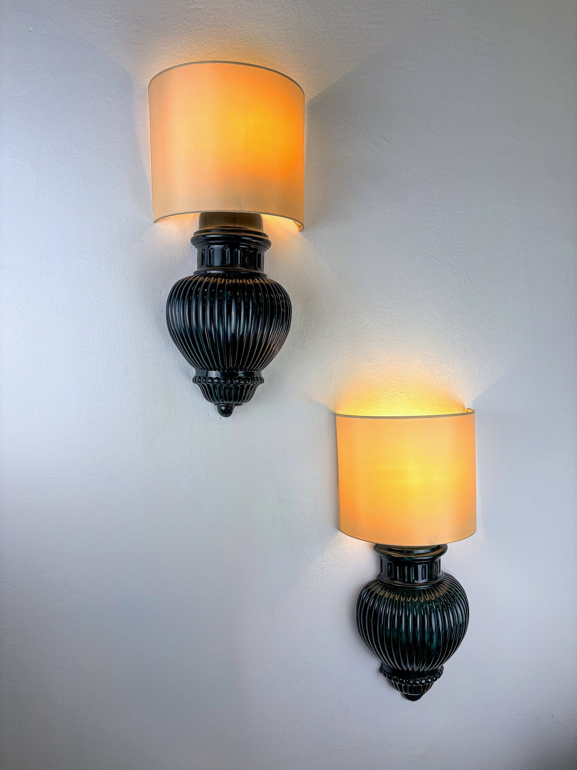 Pair of Art Deco Wall Lights with Shades in Glazed Cast Ceramic, Italy, 1970s — lifestyle setting