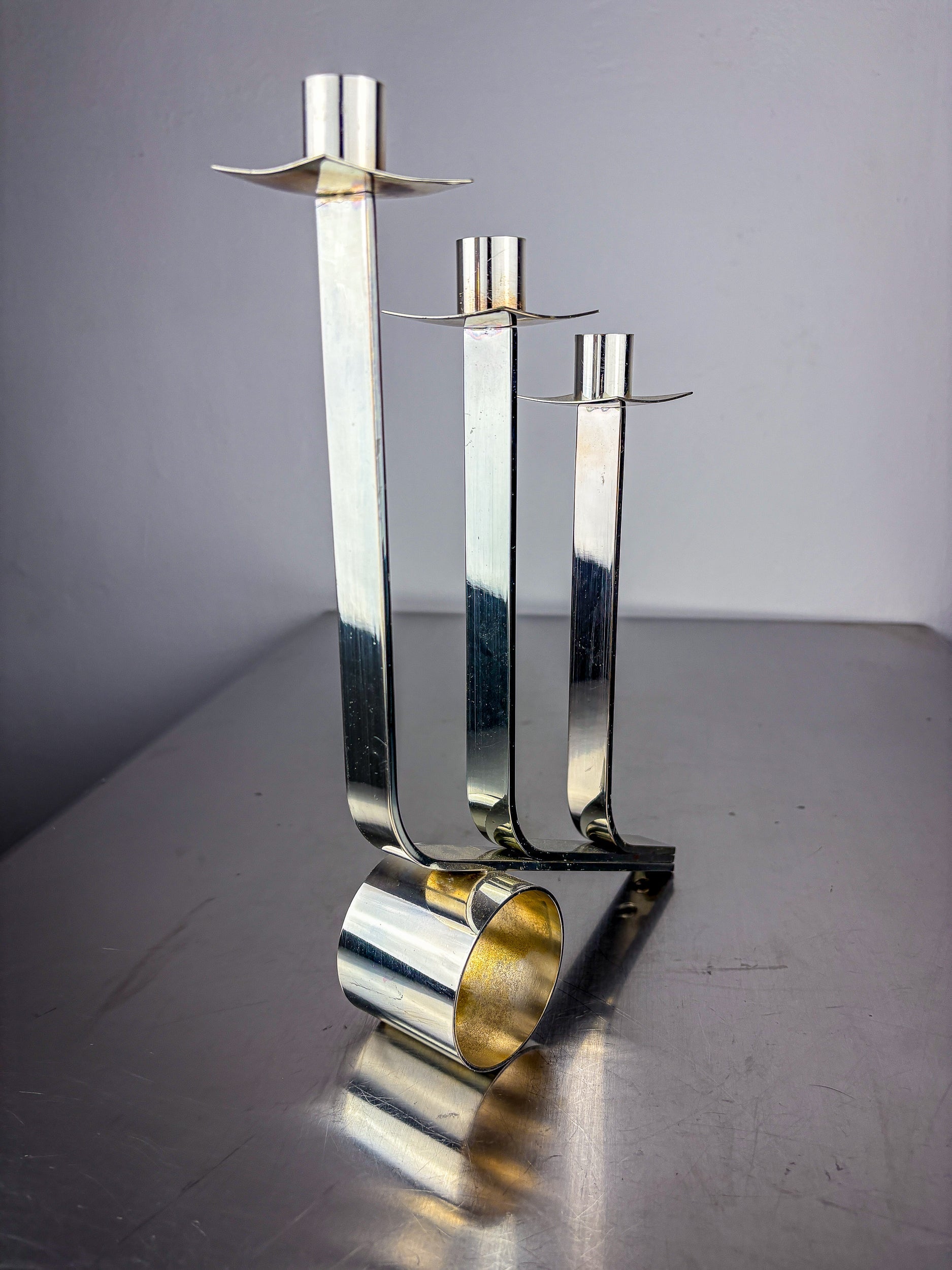 Art Deco 3-Flame Candelabra in Stainless Steel, France — lifestyle setting