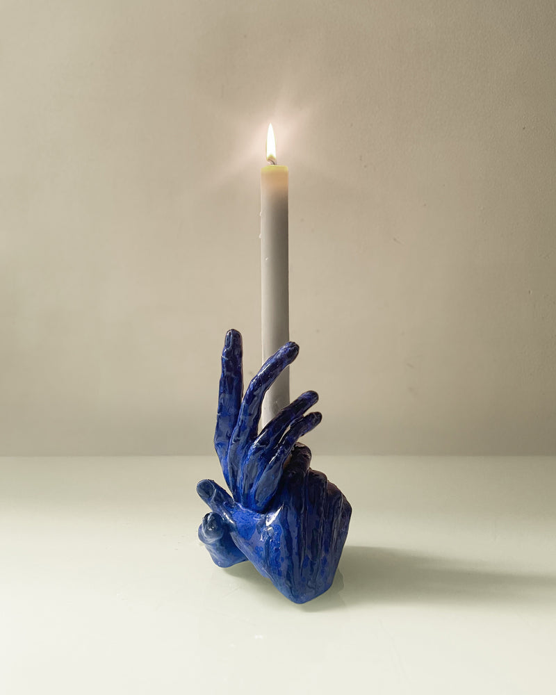 Three-hands blue candle holder in ceramic n°46 — detail view