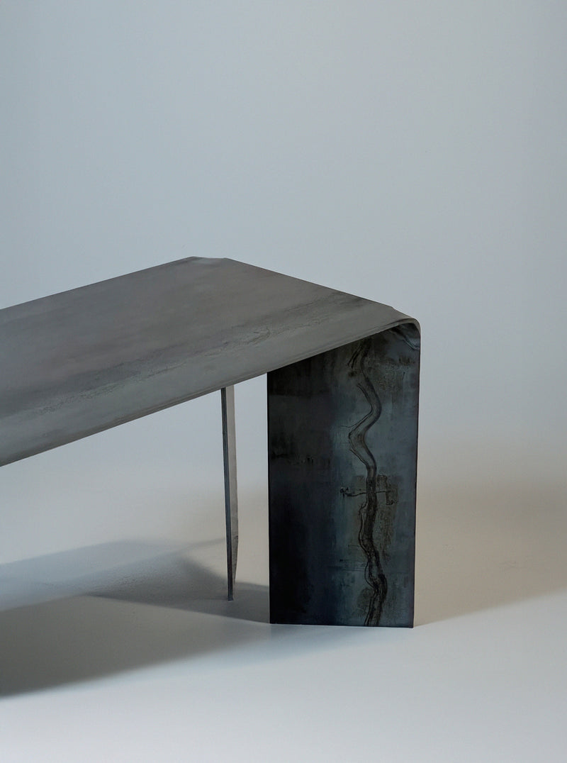 Nobu' Steel Bench — close-up of raw steel edge detail