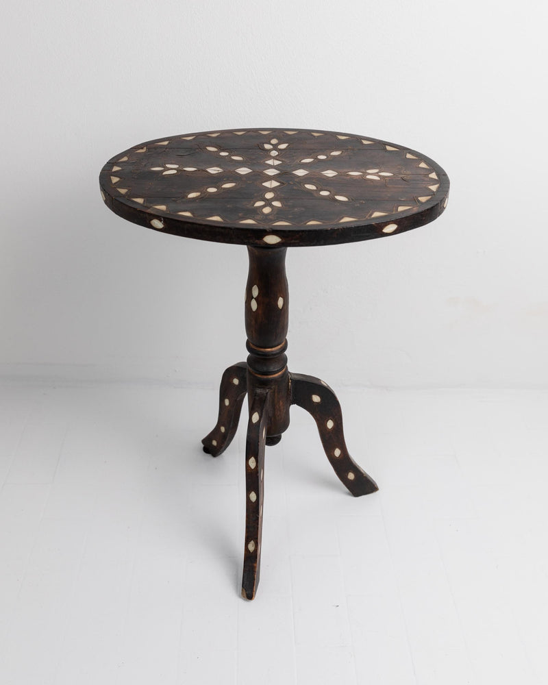 Vintage Early 19th Century Side Table, Dark Wood with Mother of Pearl Inlay, Three Legged Oval Form, Ethno Style Furniture, Gift Idea by Bottega Jacobs