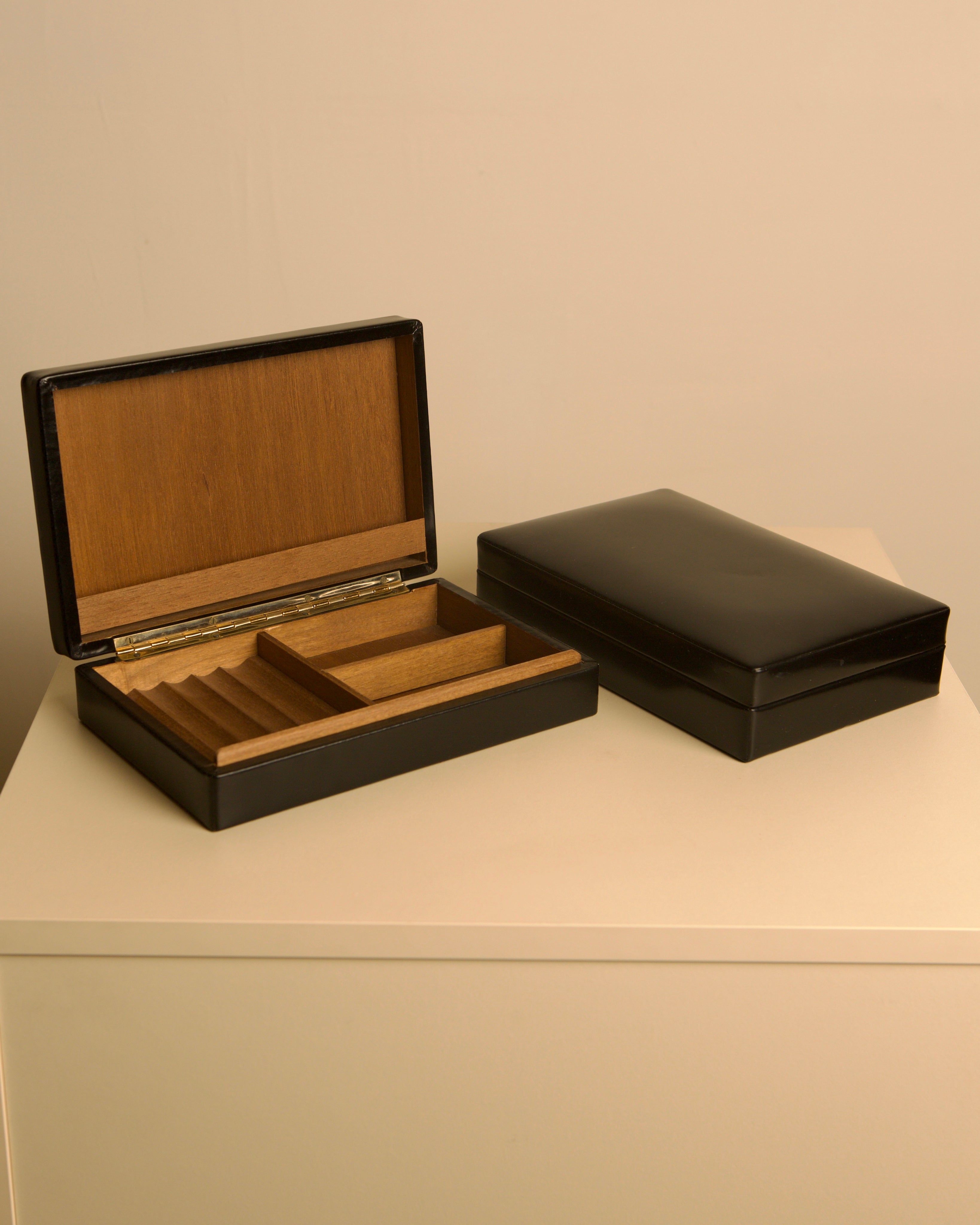Pair of Italian Boxes, 1960s by Treaptyque | The Oblist — black lacquered wood, vintage design