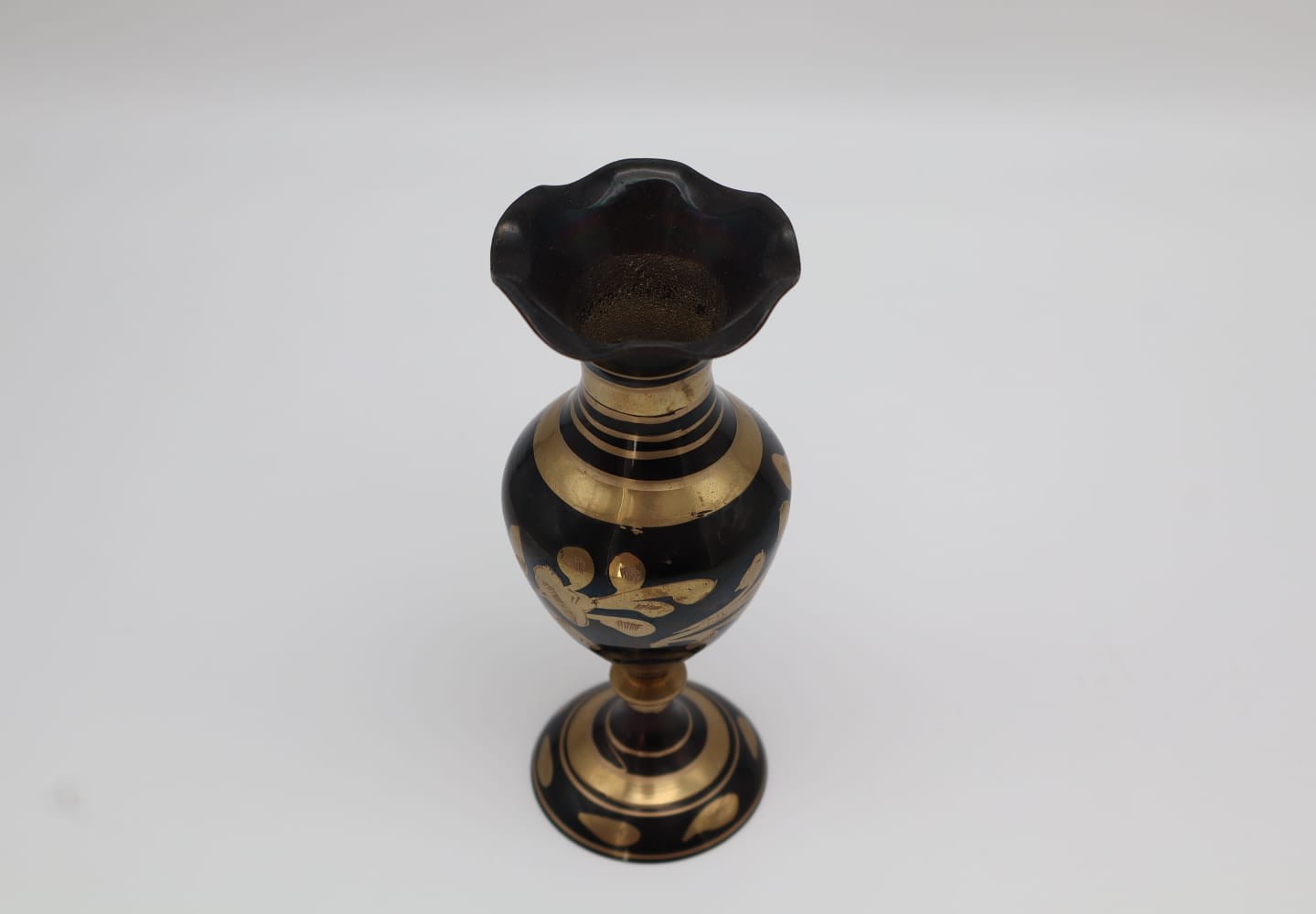Mid-Century Hand-Etched Brass & Black Lacquered Vase (1970) — lifestyle setting