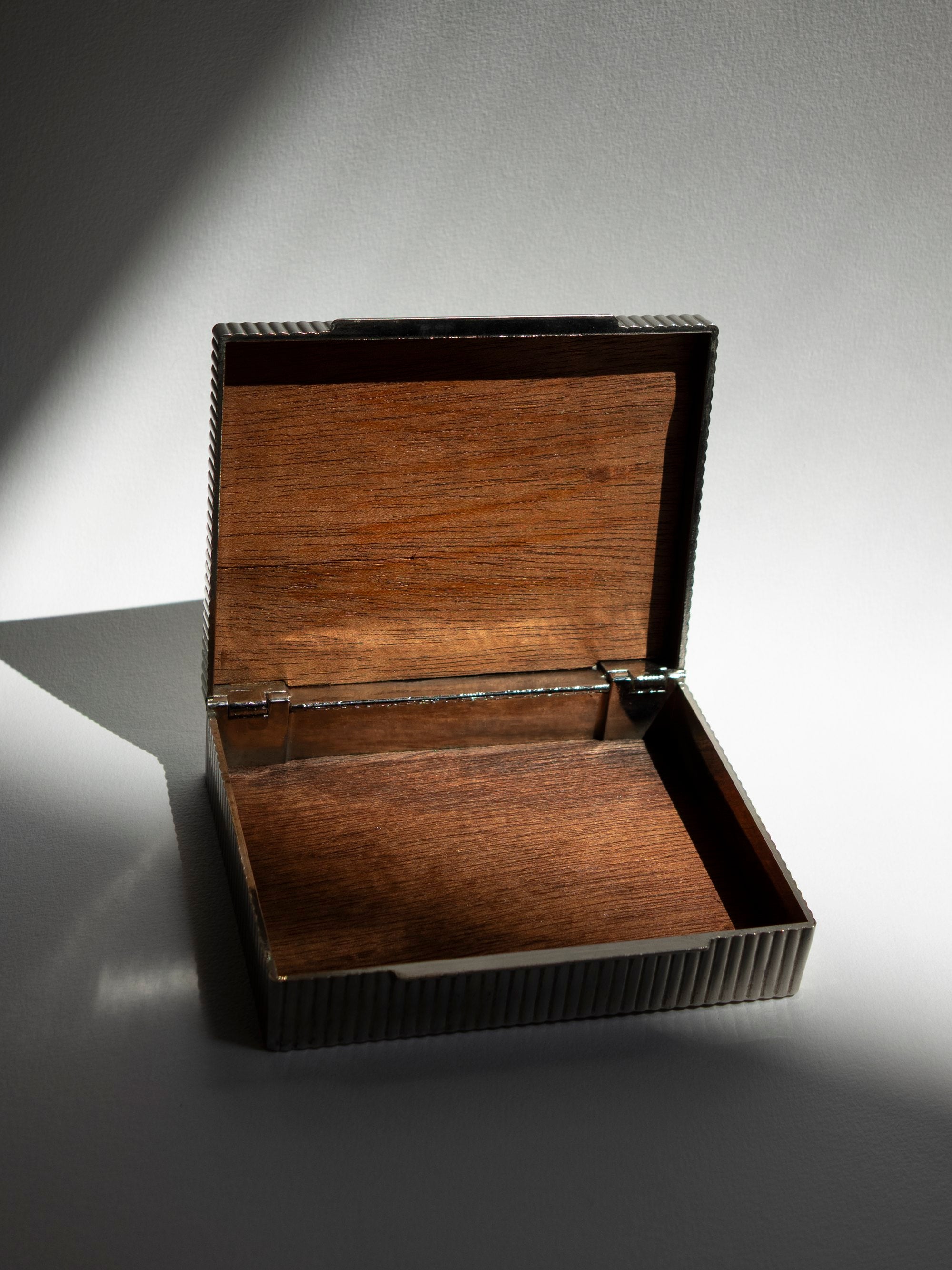 Mid-Century Italian Ribbed Silver-Tone Desk Box with Wood Interior — lifestyle setting