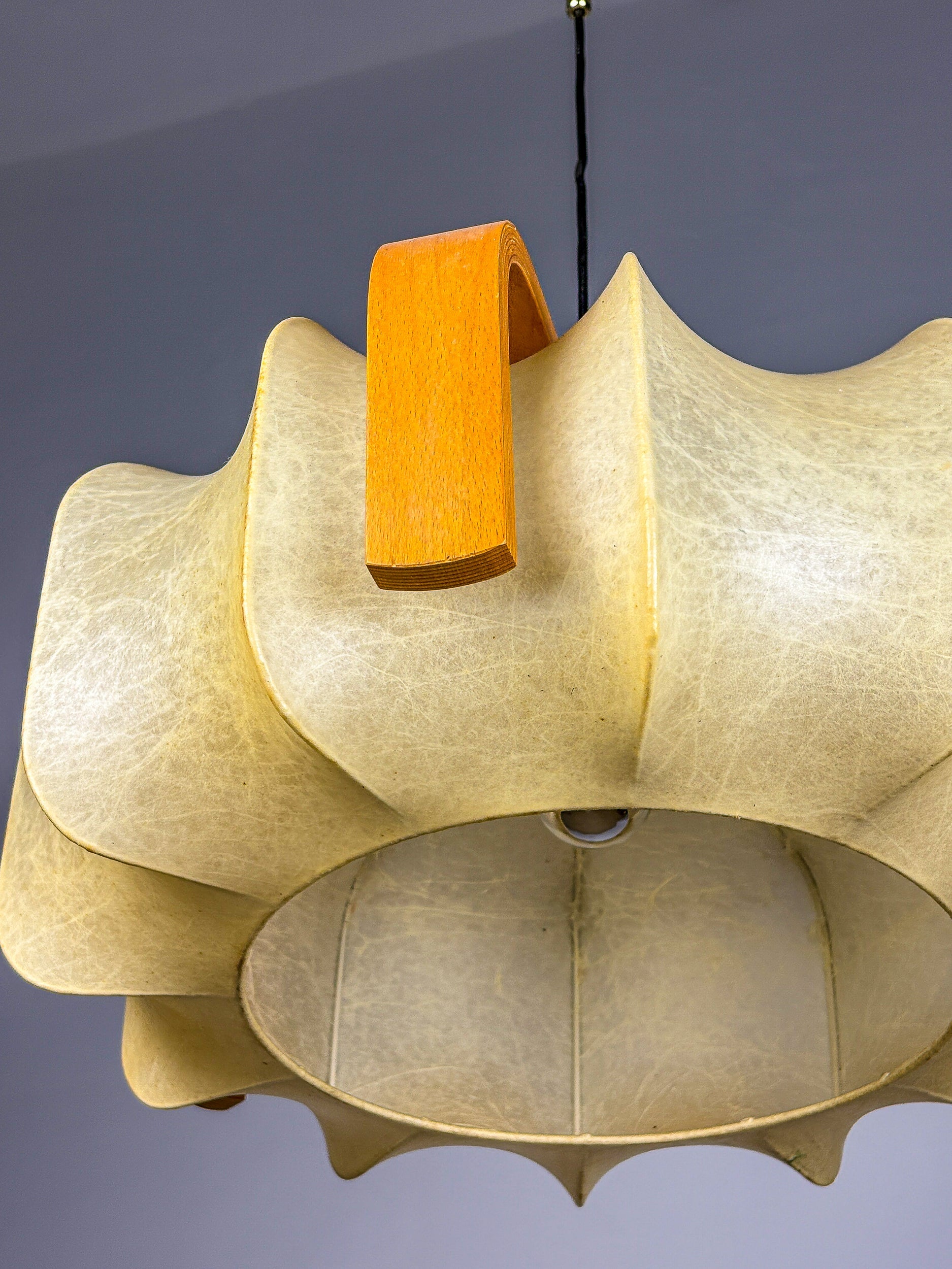 Mid-Century Cocoon Pendant Lamp, Resin & Pine Wood, Italy, 1960s — side angle