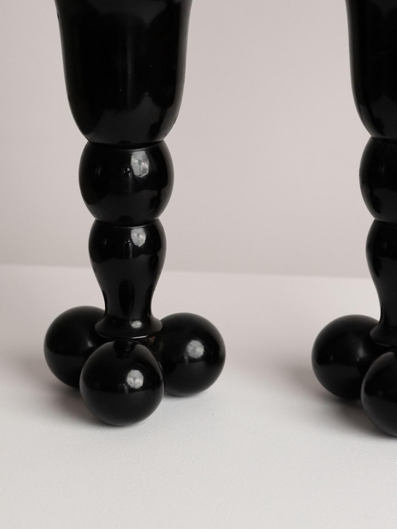 Art Deco Black Bobble Stem Vases Pair, 1930s-50s — detail view