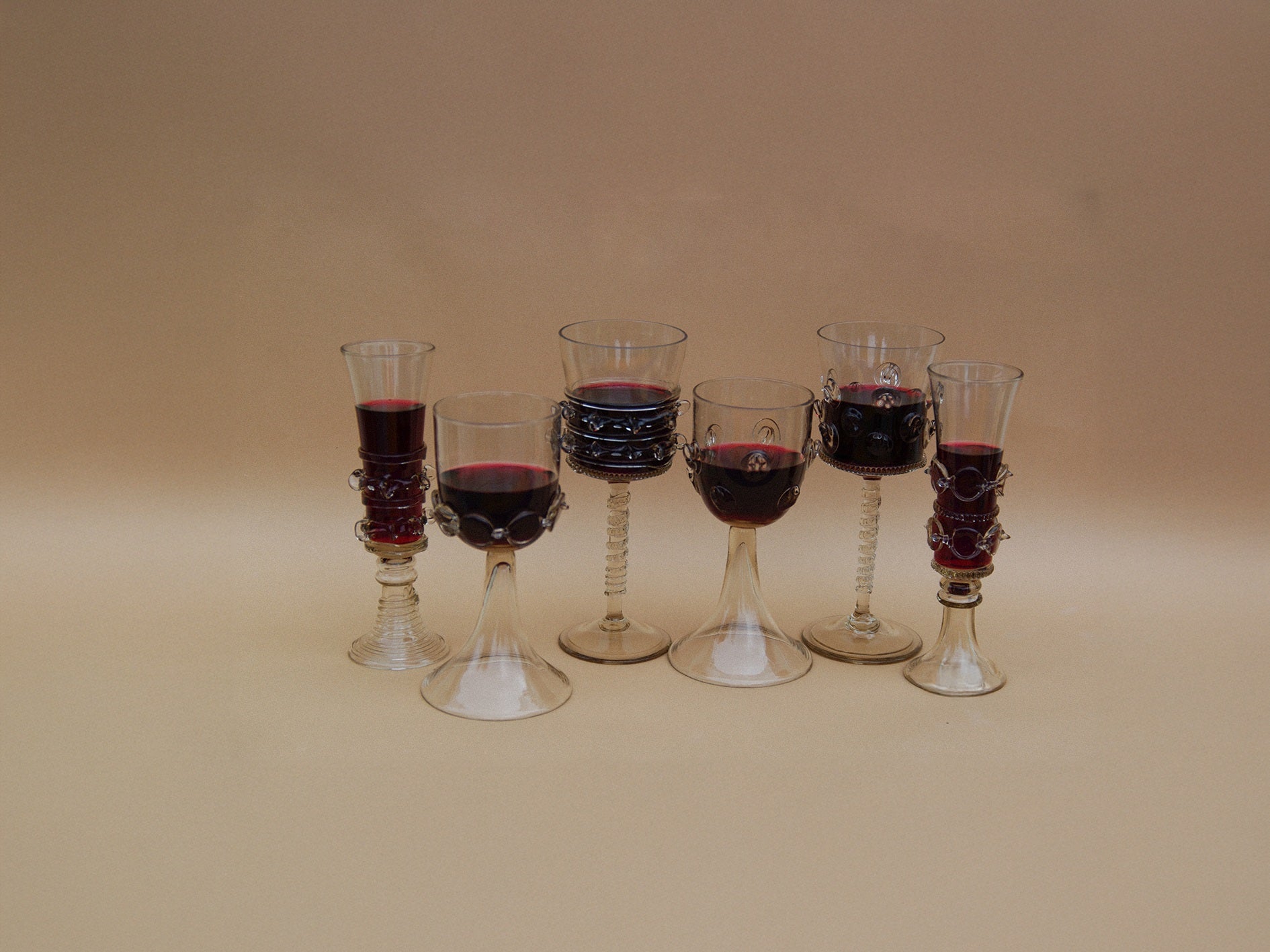 Set of six Mouthblown Wine Glasses by Lucie Claudia Podrabska | The Oblist — handcrafted glass, assorted colors