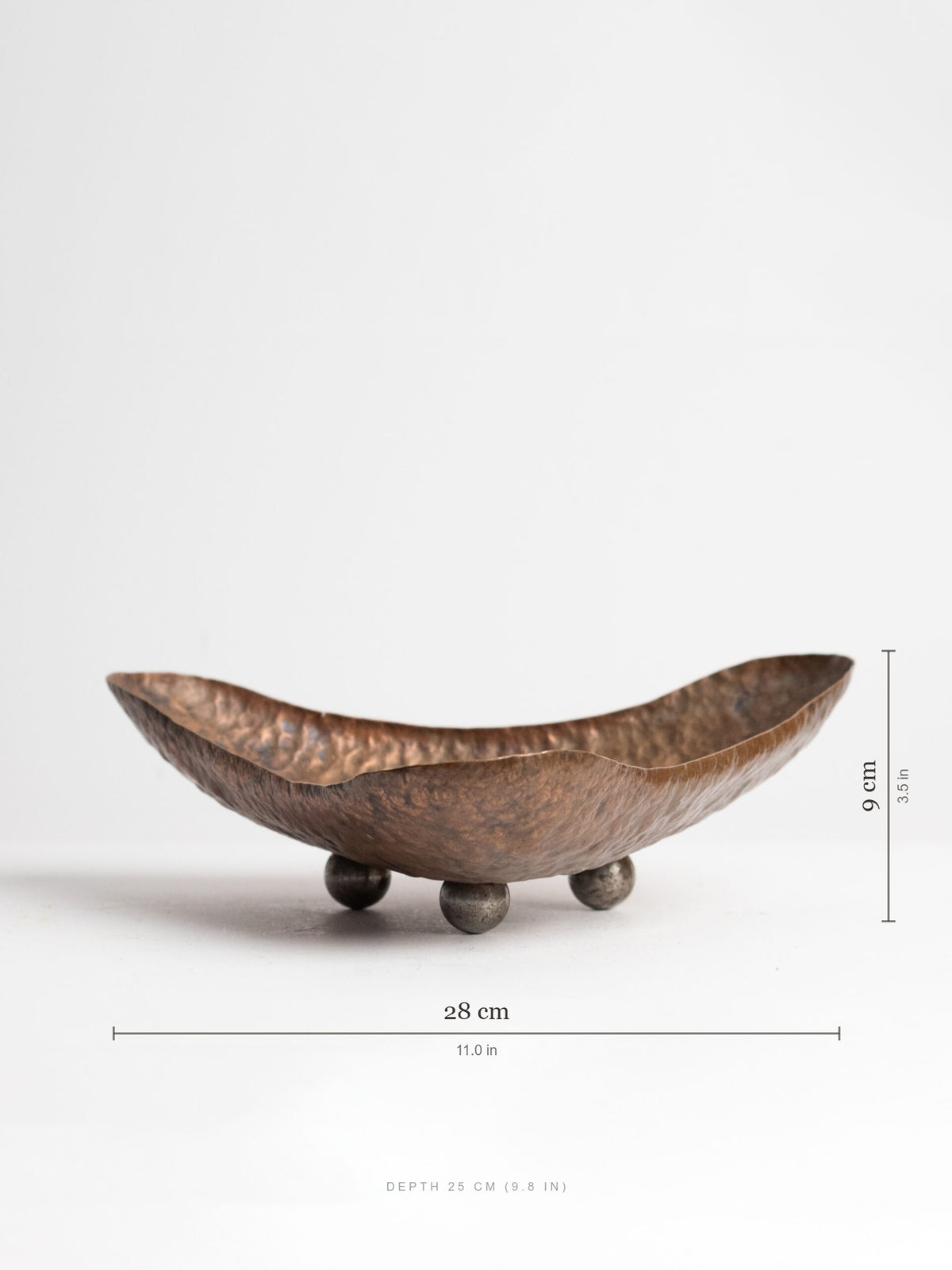 Hand-Hammered Copper Tray on Ball Feet, Scandinavian Craft, 1950s — detail view
