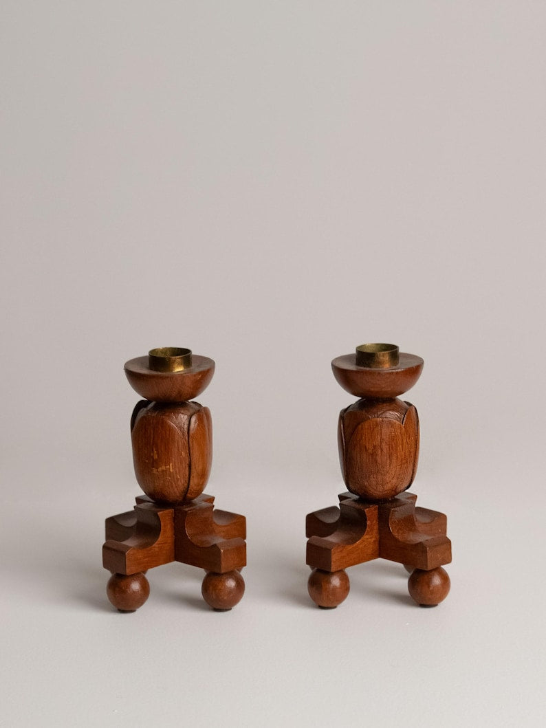 Hand Carved Wooden Tulip Candlesticks Pair, Scandinavian Folk 1960s — detail view