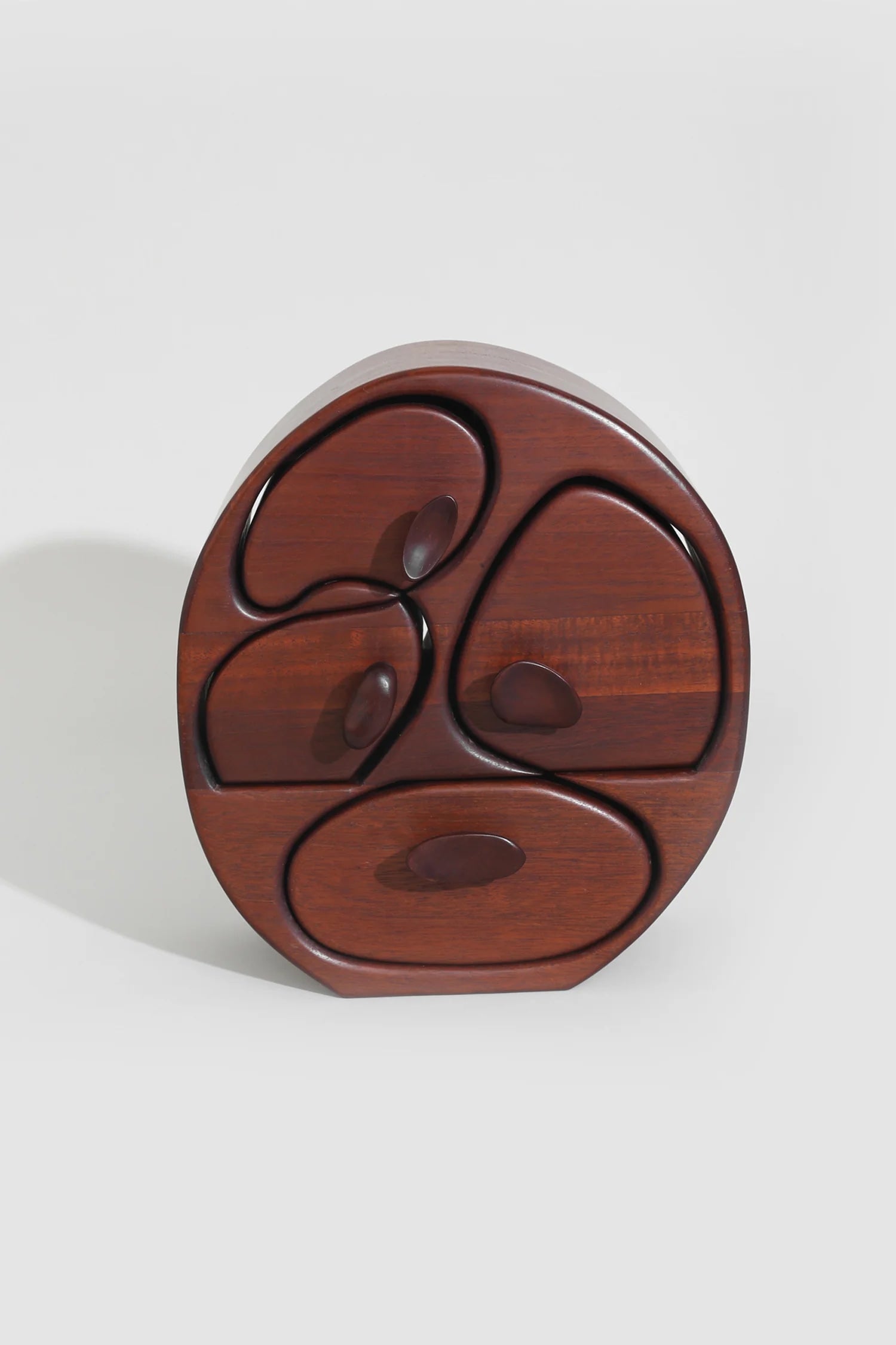 Mahogany Handmade Jewelry Box, Signed — front view with curved drawer handles