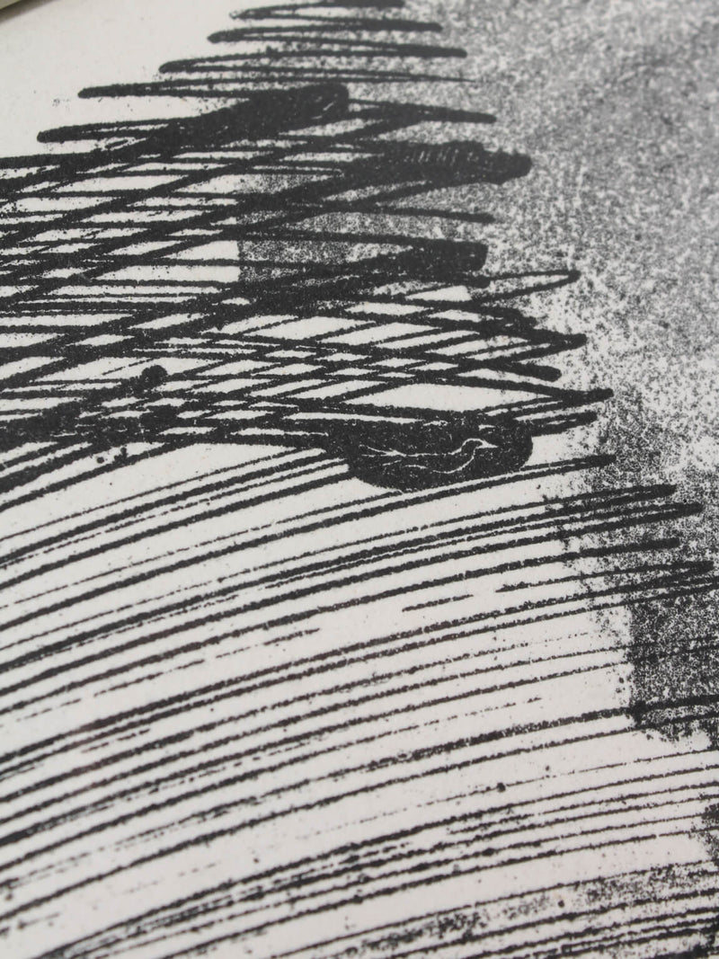 Swedish Rustic Etching On The Paper, 1956 — close-up of black ink lines