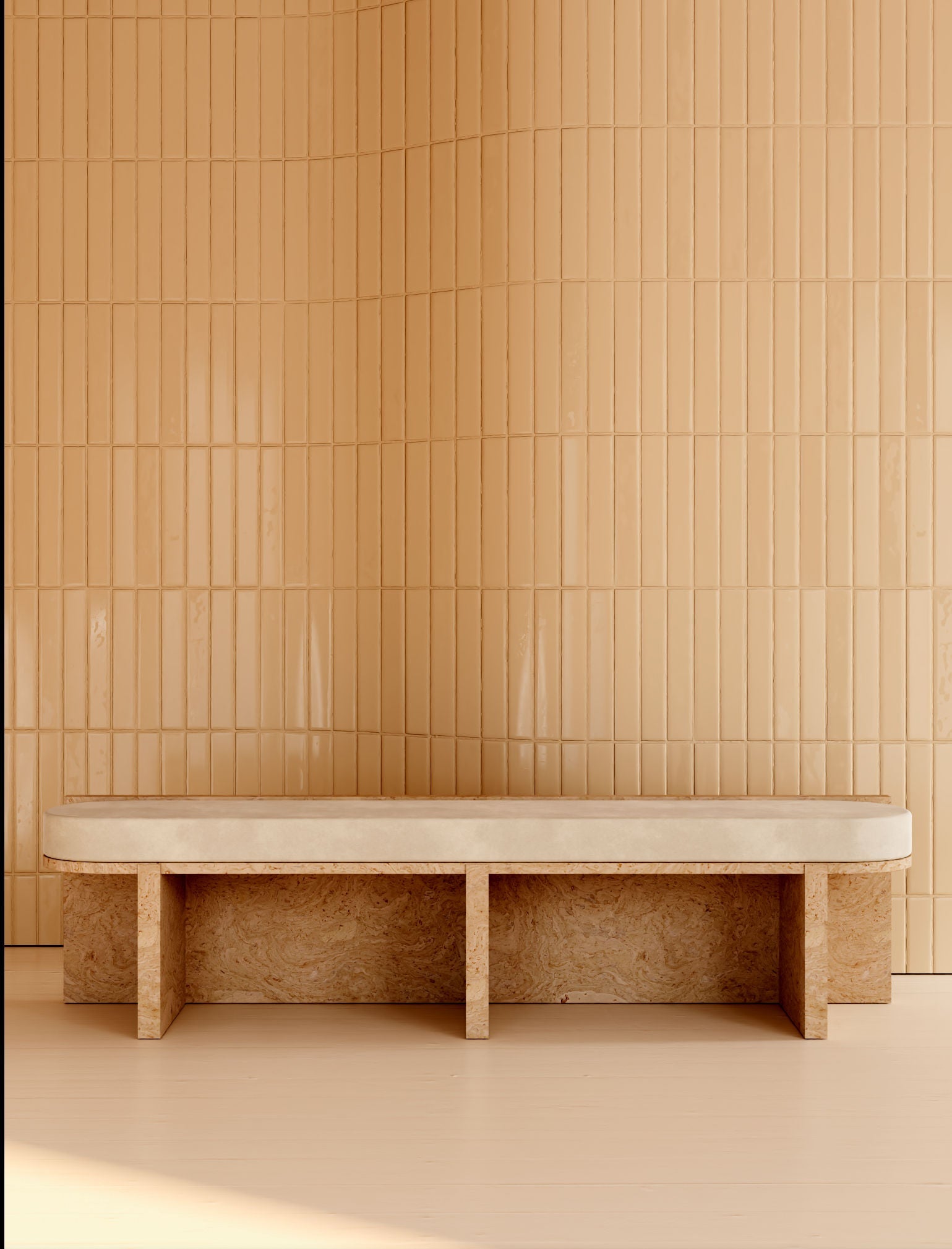 Meï 03' Bench — back view against textured beige wall