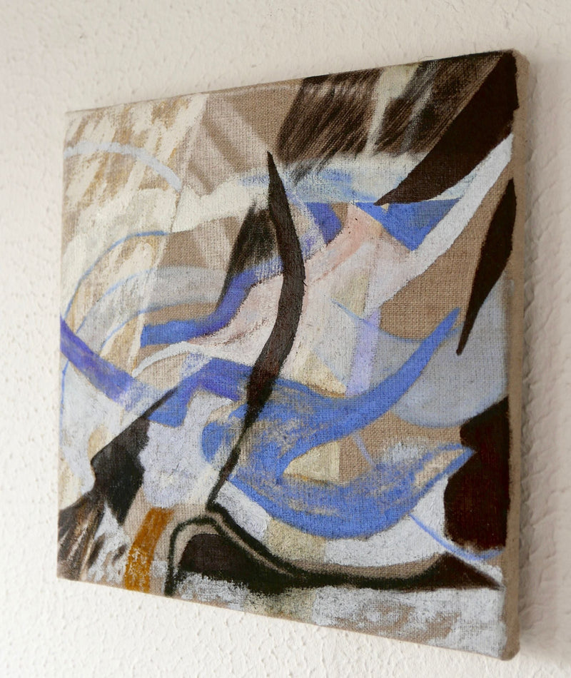 Abstract expressionist painting with blue swirls and dark brushstrokes by Elena Barber