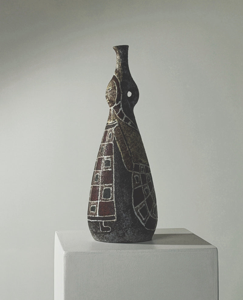 Rare bottle by the potters of Accolay, France, circa 1960 — close-up of textured ceramic surface with abstract patterns