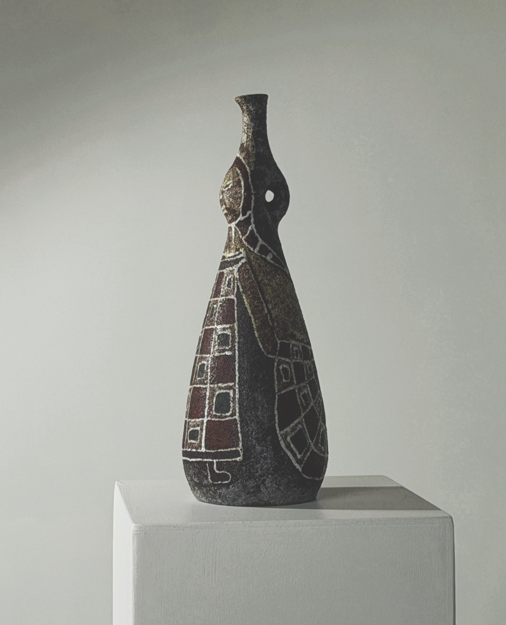 Rare bottle by the potters of Accolay, France, circa 1960 — close-up of textured ceramic surface with abstract patterns