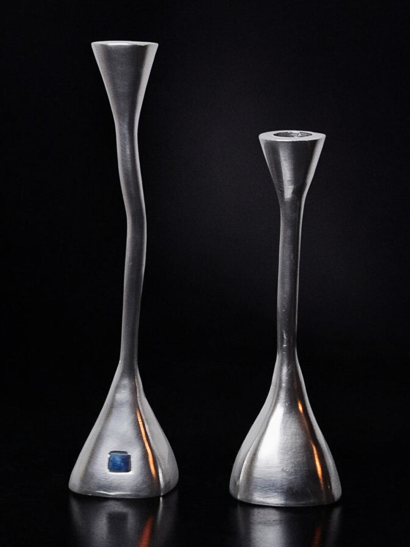 Pair of zigzag candle holders, solid aluminum and polished stone, art3, Spain, 1970 by Malamar Studio