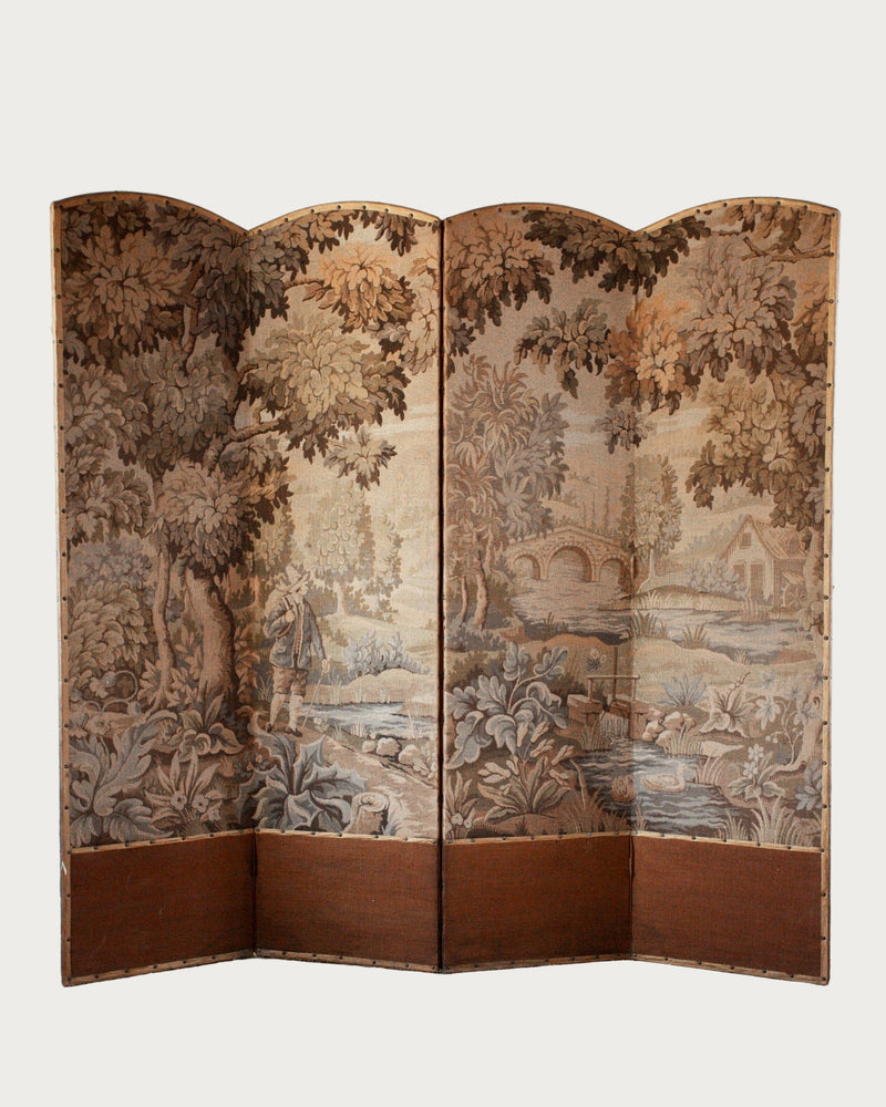 French four-panel Aubusson tapestry screen with verdure landscape